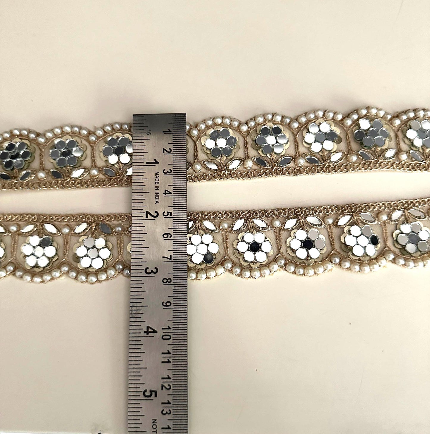 Mirror Work Floral Lace Trim with Pearls Traditional Scalloped Gold Embroidered Border Wedding Dress Design For Saree Veil Decor DIY Craft