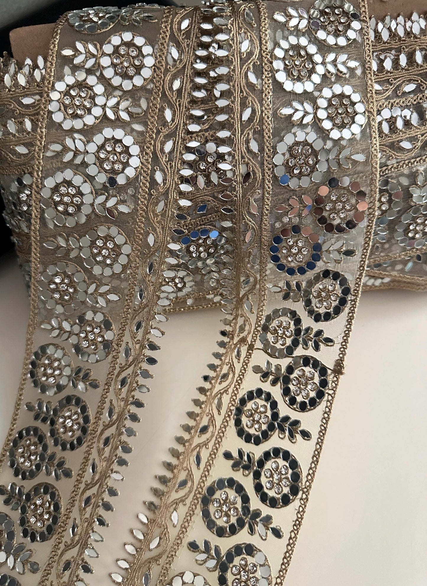 Mirror Work Embroidered Lace Trim Gold Zari Floral Border Ribbon for Saree Dress Costume Wedding Veil Decor Indian Craft Trim by the Yard