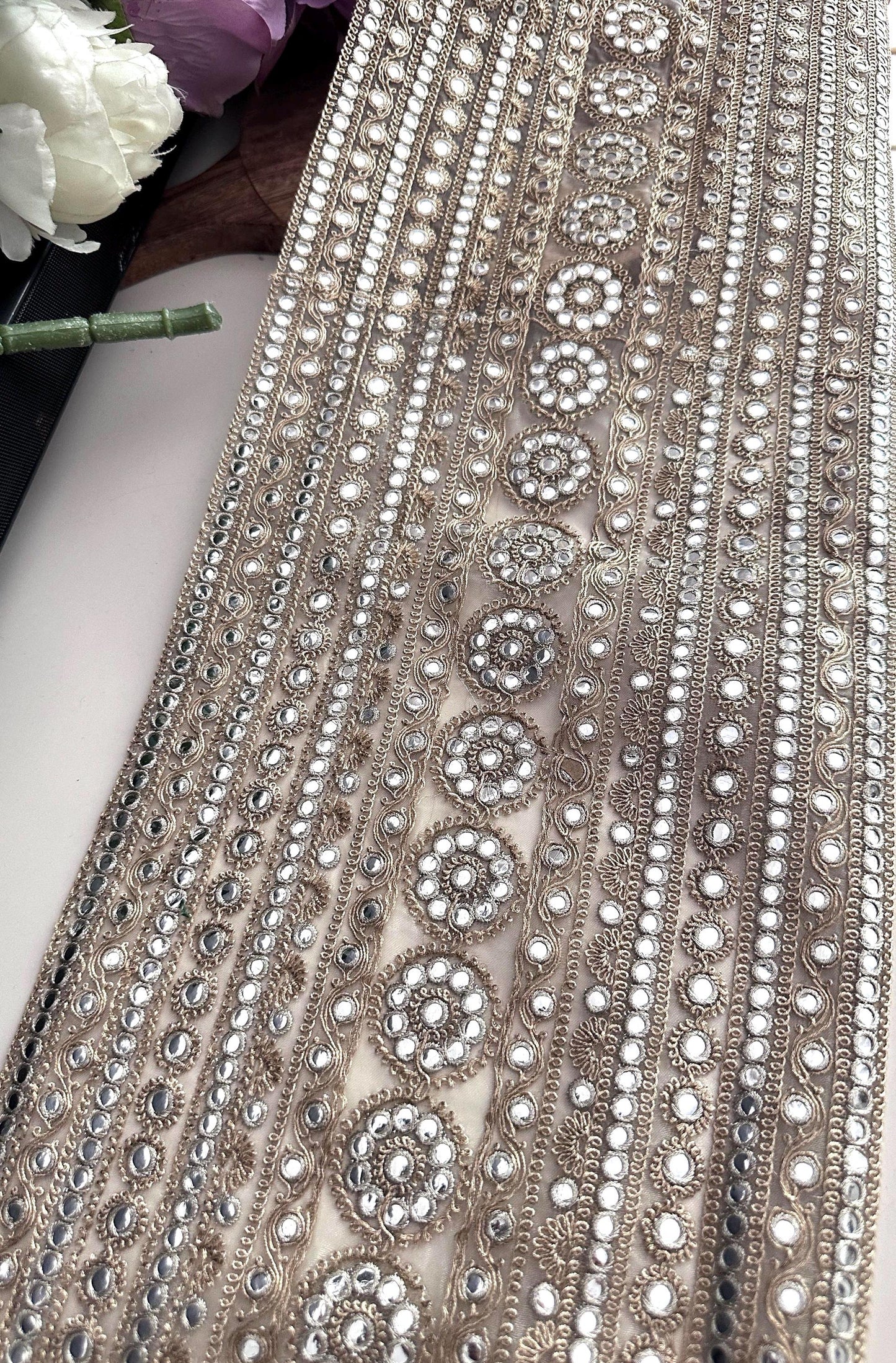 Gold Embroidered Fabric with Mirror Bead Work Indian Bridal Lace Trim for Saree Lehenga Dupatta Dress Zari Border Embellishment by Yard