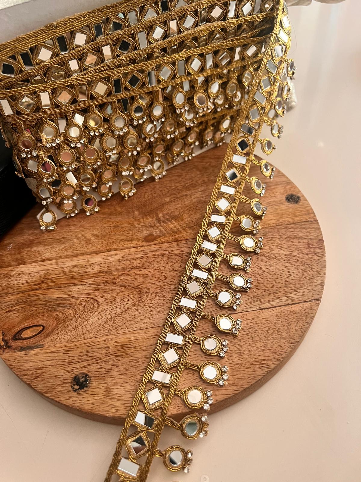 Indian Gold Mirror Lace Trim - Bridal Saree Border Ribbon - 3cm Ethnic Choker Belt - Wedding Dress Band by Yard