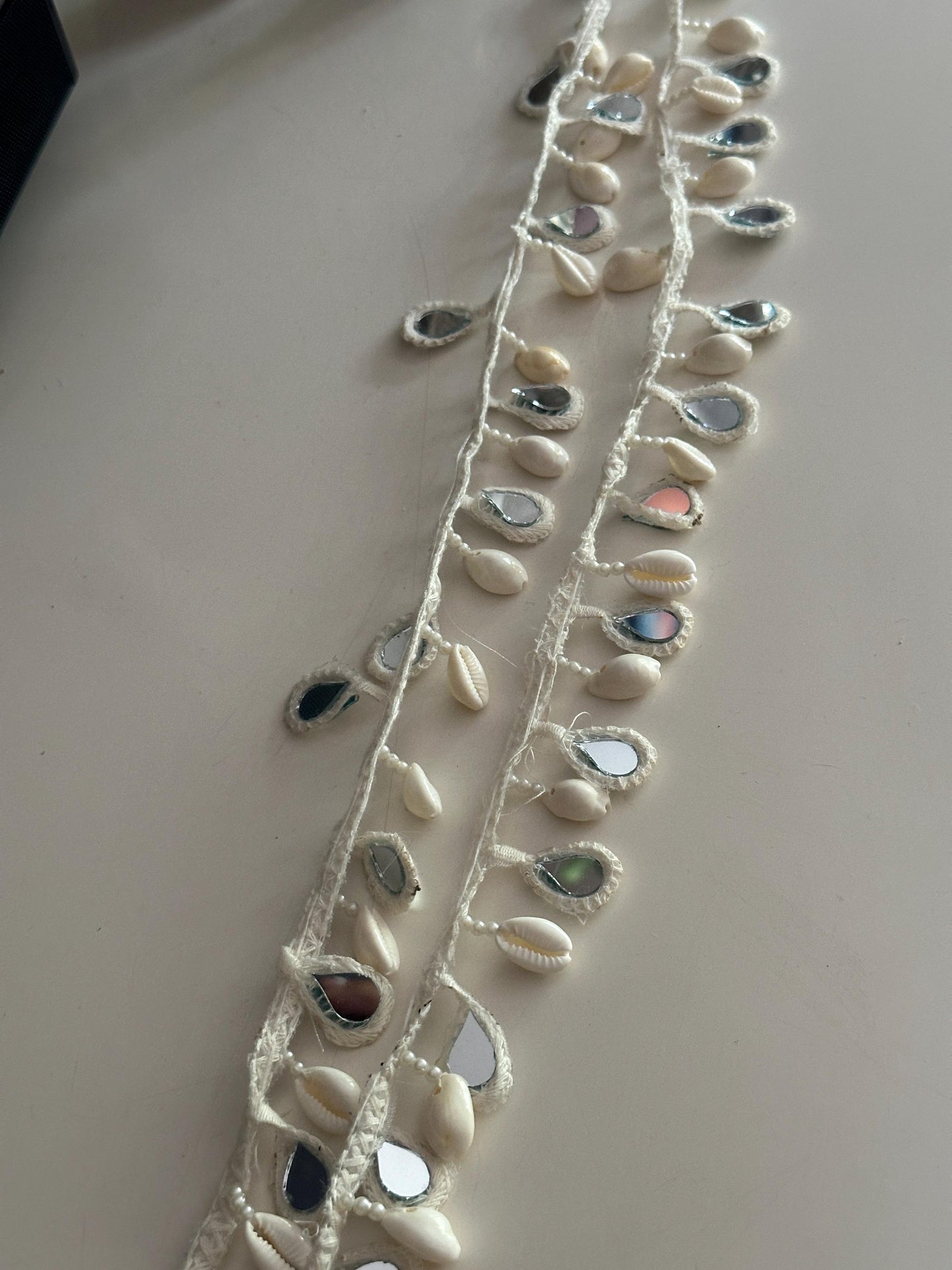 Boho Shell Mirror Lace Trim Cowrie Shell Mirror Work Tassel Lace Border for Resort Dress Kaftan Craft Handmade Ethnic Beach Trim by Yard