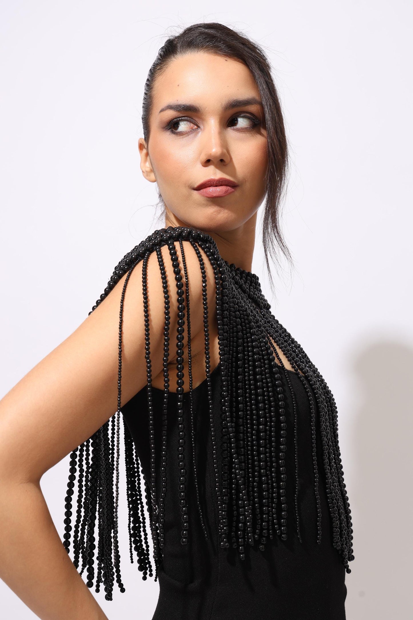 Beaded Shoulder Cape, Black Bridal Cover Up, Handmade Shoulder Jewelry, Fringe Capelet for Dresses, Statement Beaded Epaulettes Formal Gown