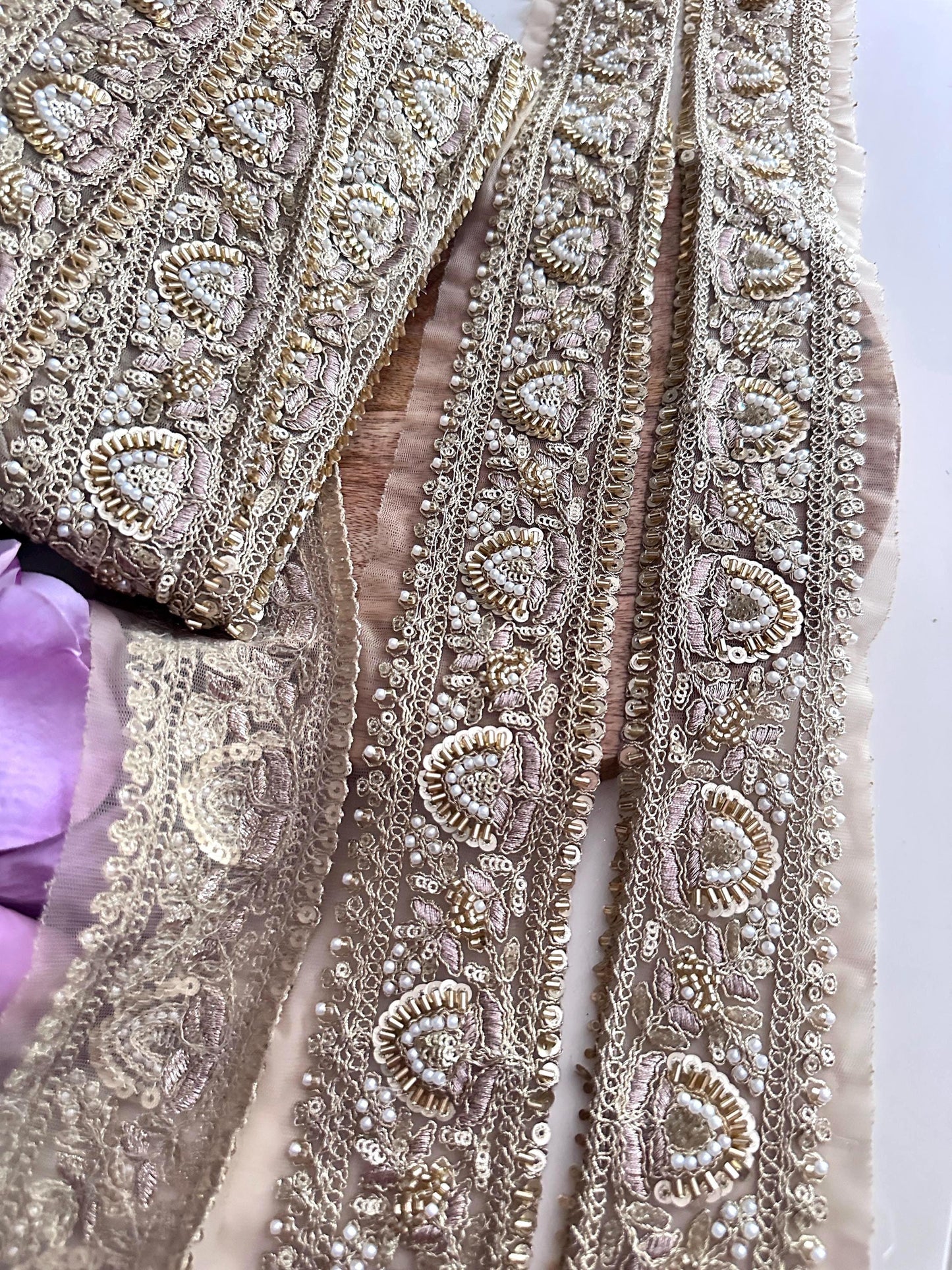 Luxury Hand Embroidered Pearl Sequin Trim Gold Zardozi Lace Border for Saree Dupatta Bridal Veil Lehenga & Wedding Dress Indian Craft Ribbon