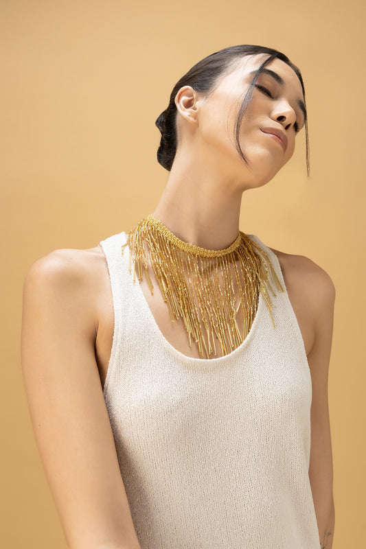 Metallic Bugle Bead Tassel Border Gold