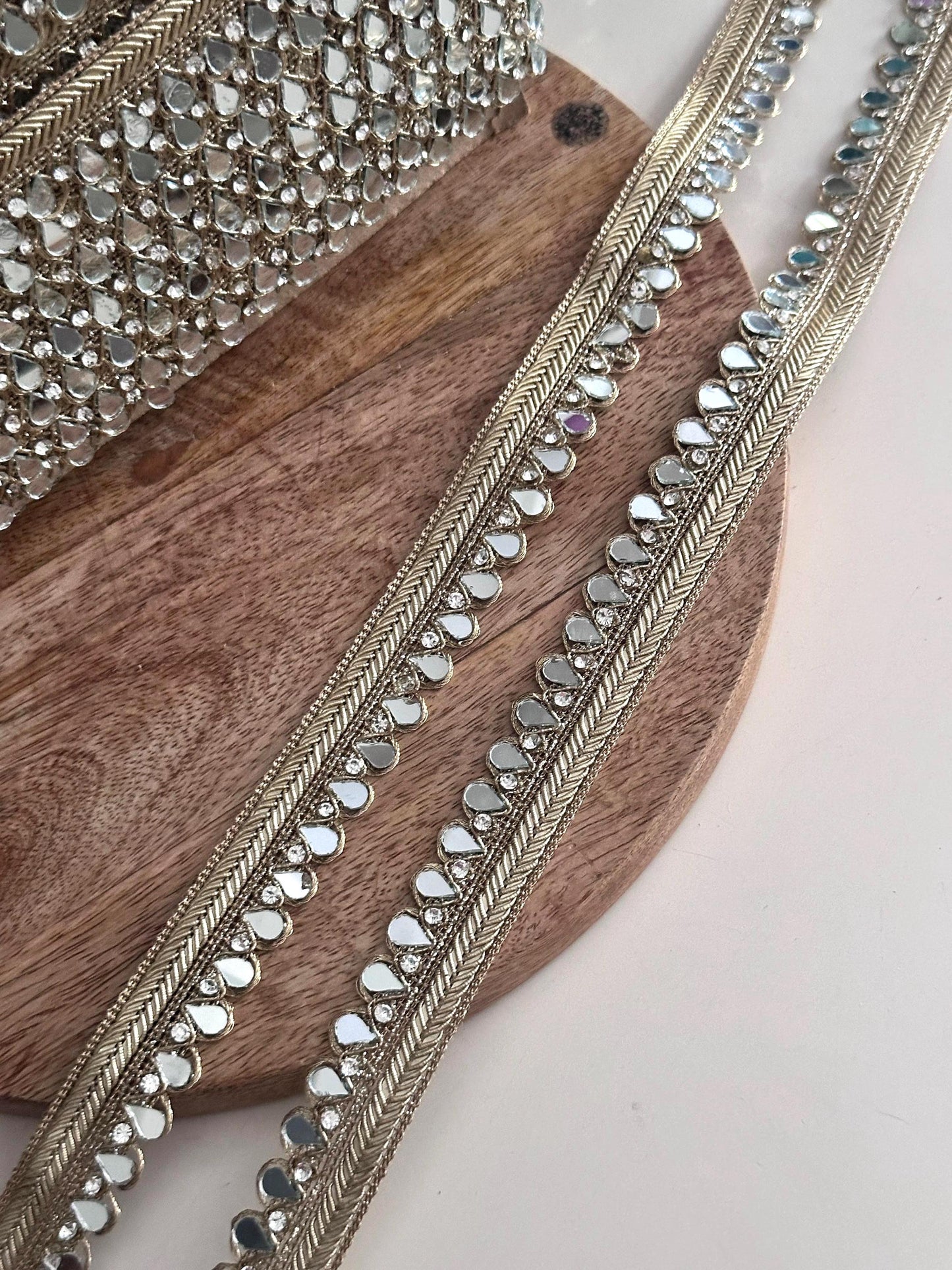 Gold Mirror Drop Border Trim Teardrop Mirror Lace with Crystal Stones Indian Embroidery Trim for Saree Lehenga Dupatta DIY Belts & Potli Bag