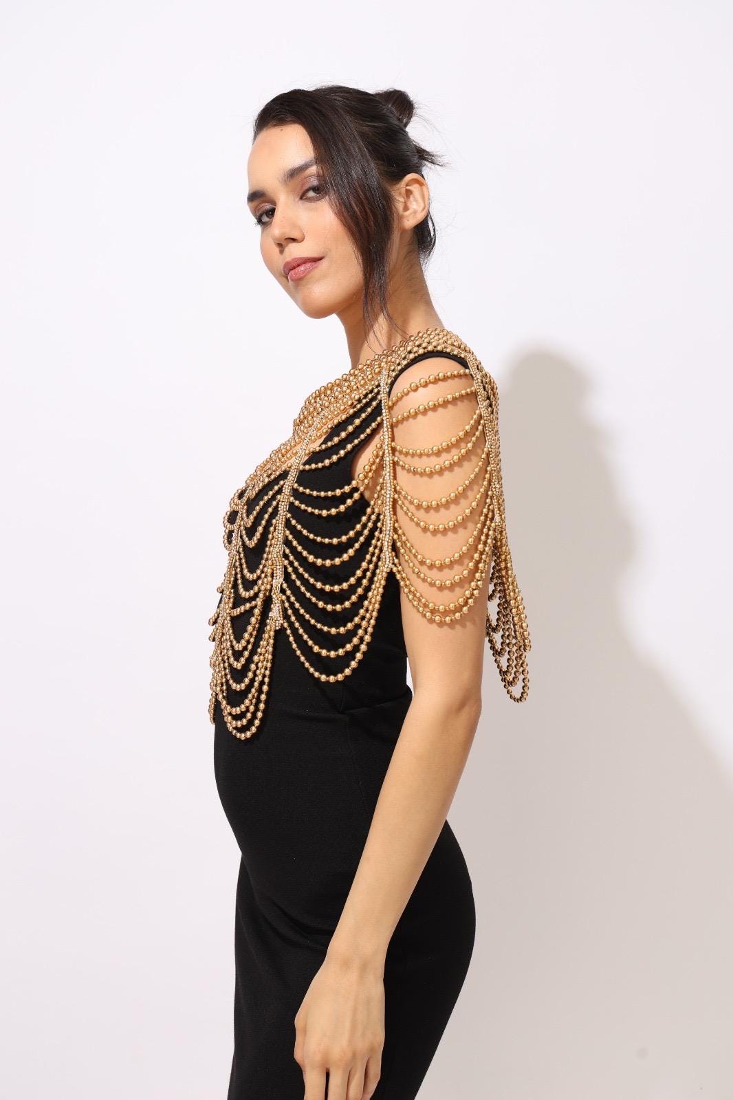 Gold Beaded Shoulder Cape Rhinestone Bridal Shoulder Jewelry Capelet Handmade Golden Fringe Cover Up for Dresses Wedding Beaded Epaulettes