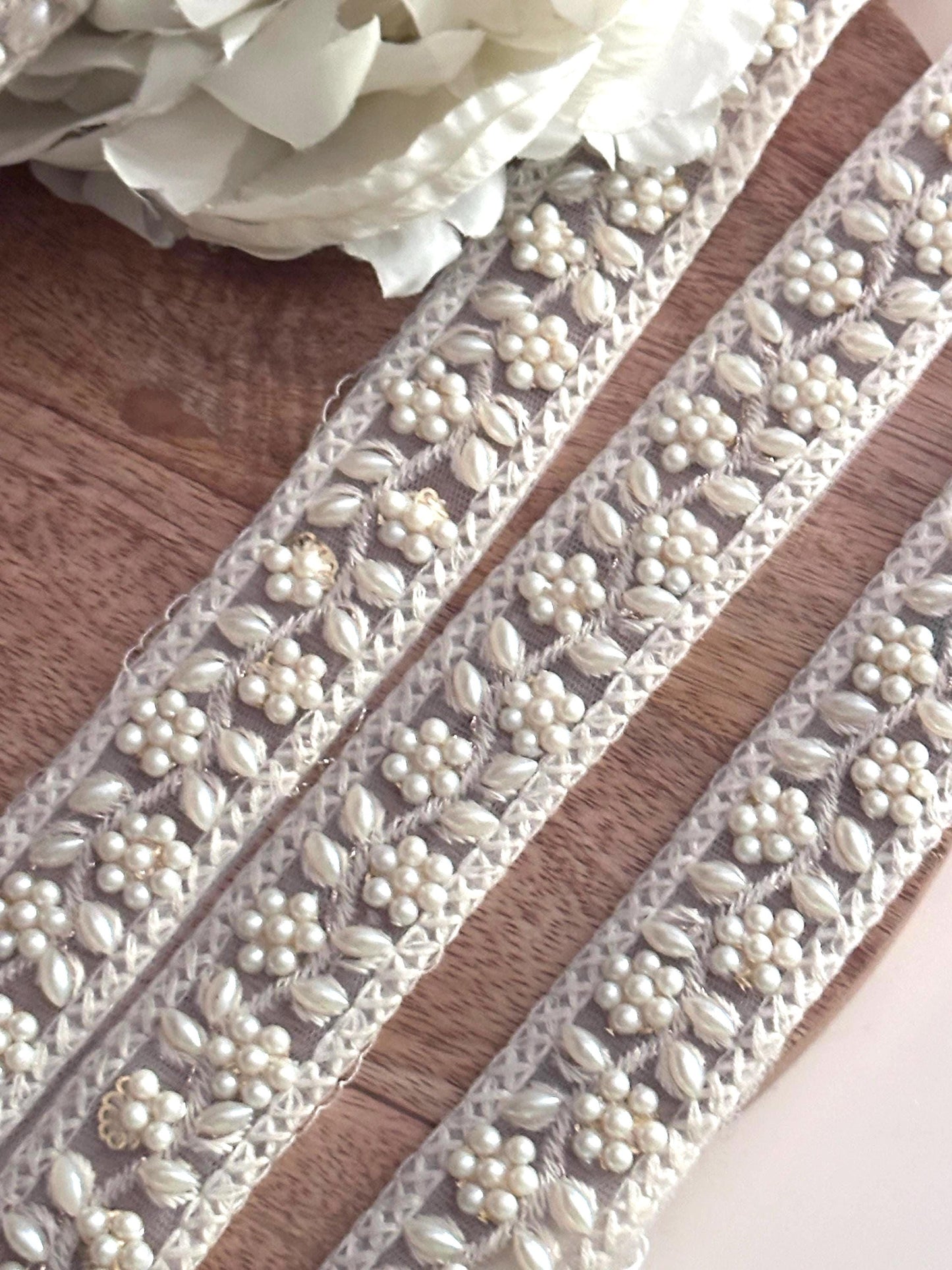 Ivory Pearl Beaded Embroidery Trim Floral Lace Ribbon for Bridal Gown