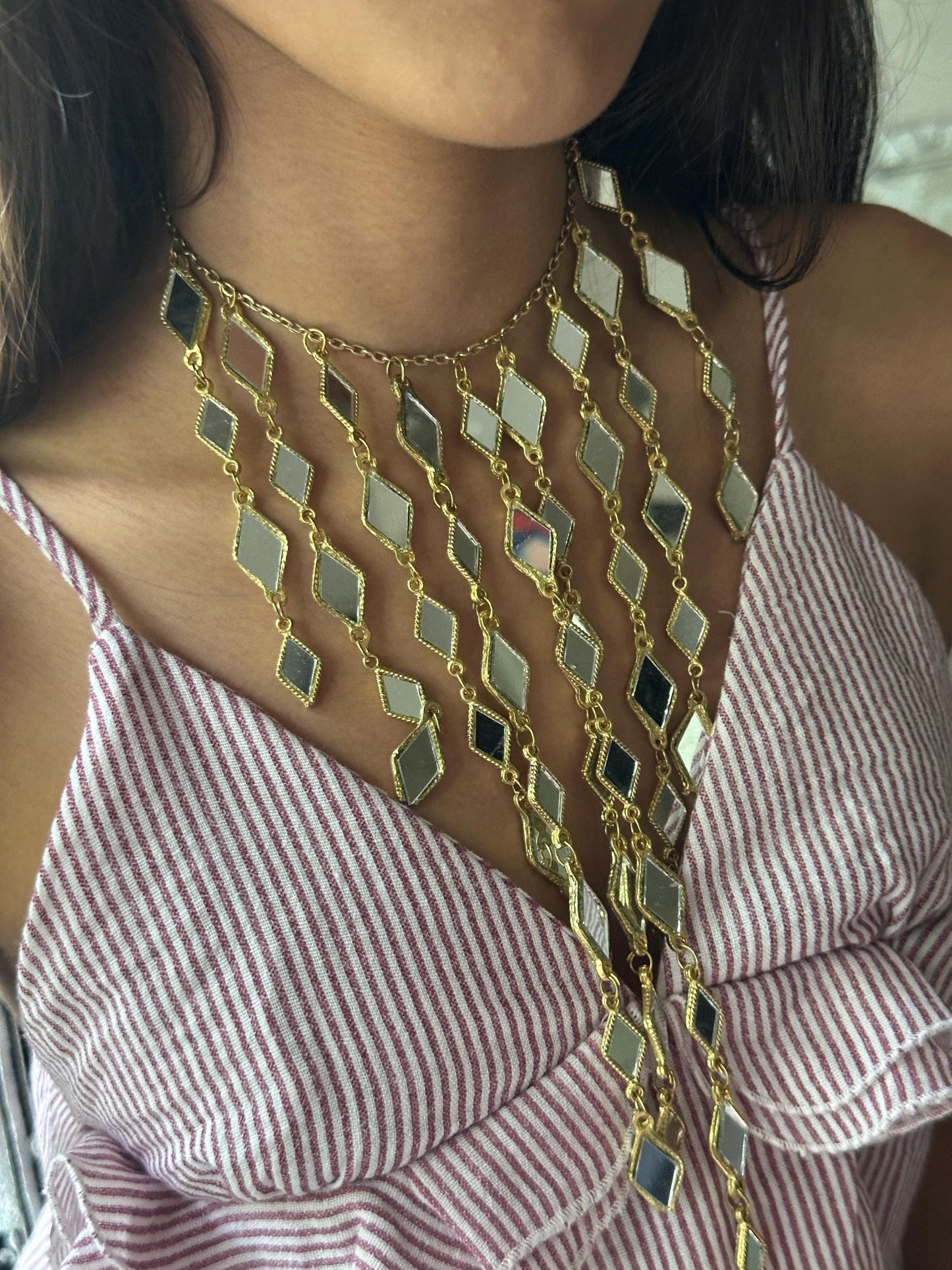 Gold Mirror Cascade Statement Necklace Long Layered Diamond Mirror Choker Boho Festival Jewelry Handmade Indian Bridal Wedding jewellery
