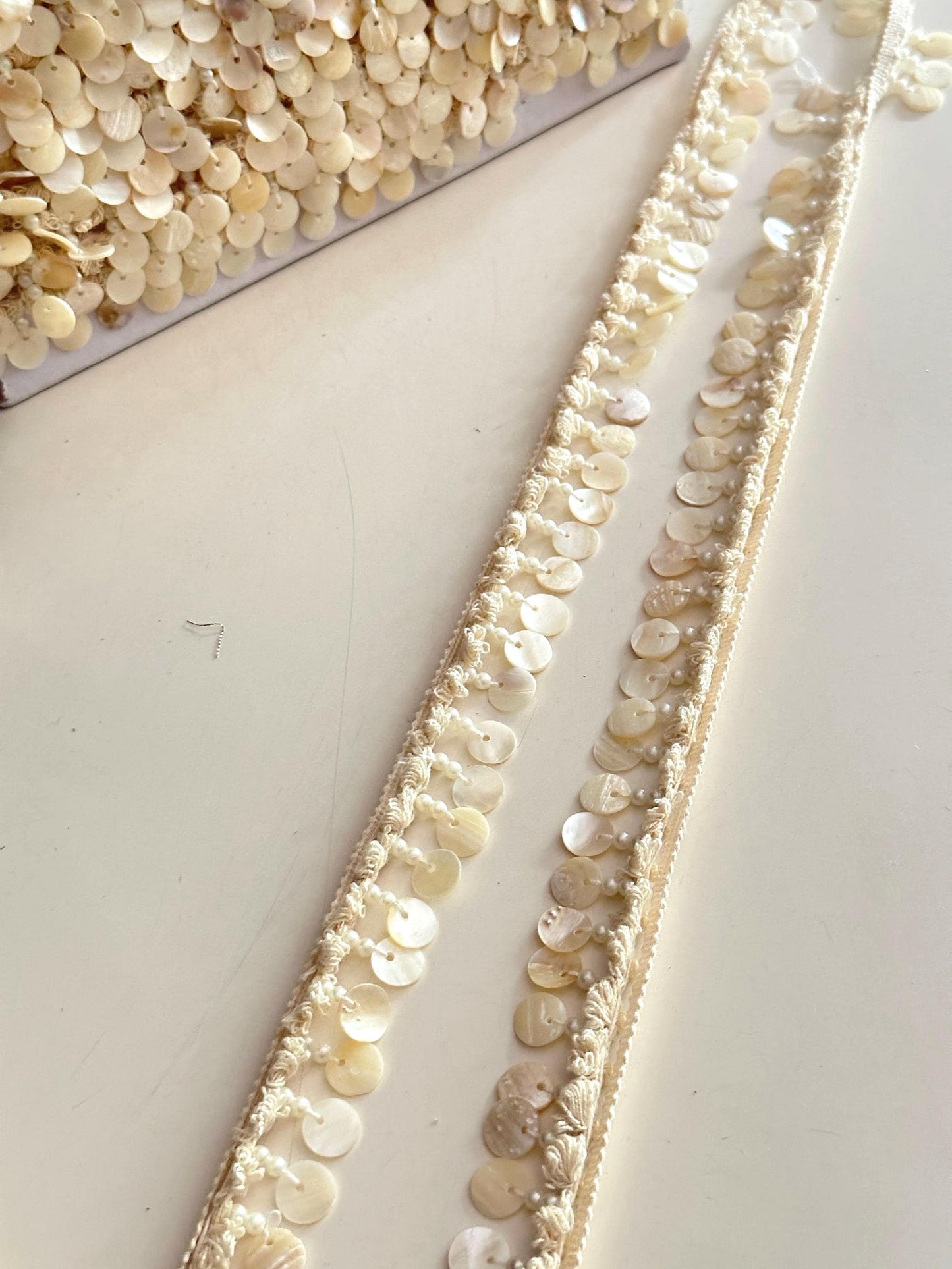 Natural Shell Sequin Lace Trim with Pearls Ivory Macrame Border for Bridal Boho Beachwear DIY Craft & Accessories