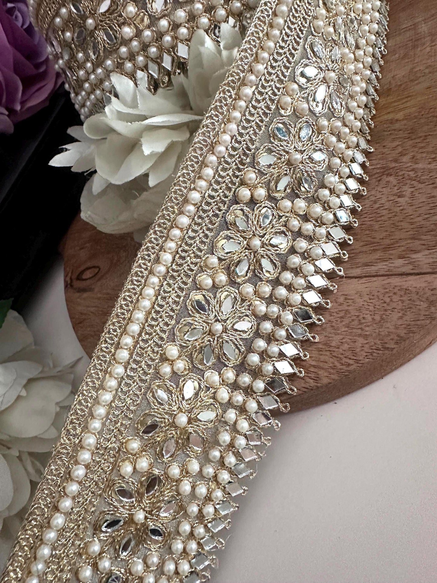 Gold Floral Pearl Trim with Mirror Work Beaded Embellished Lace Saree Border Decorative Ribbon for Saree Sewing Costumes Bridal & DIY Craft