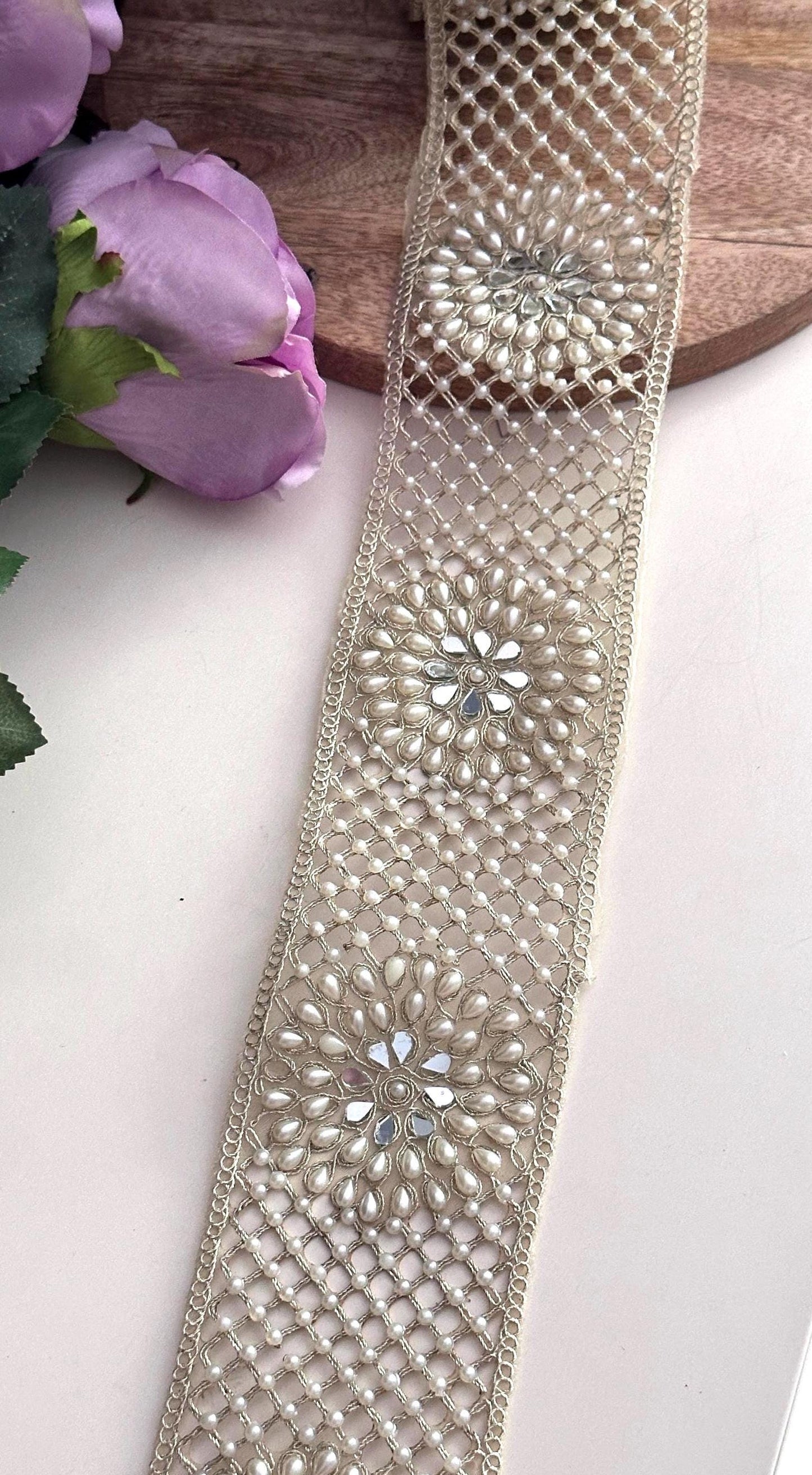 Hand Embroidered Pearl Beaded Trim Bridal Saree Border Lace Wedding Dress Applique Pearl Mesh Lace for Gowns Lehenga Veil Crafting Lace