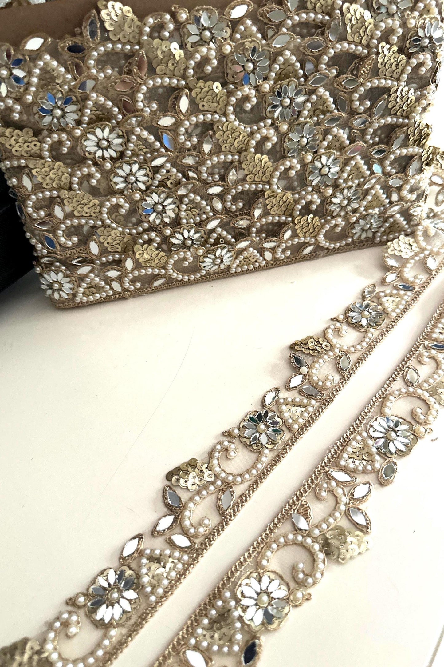 Gold Mirror Lace Trim with Pearls Floral Sequin Hand Embroidered Border for Saree Lehenga Dupatta Wedding Veil DIY Jewelry & Decor