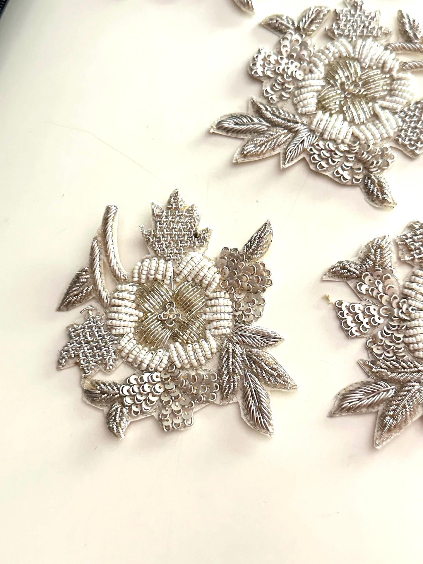 Hand Embroidered Silver Floral Applique Patch Pearl Bead Bridal Saree Dress Jacket Craft Embellishment Zardozi Embroidery Sequin Motif