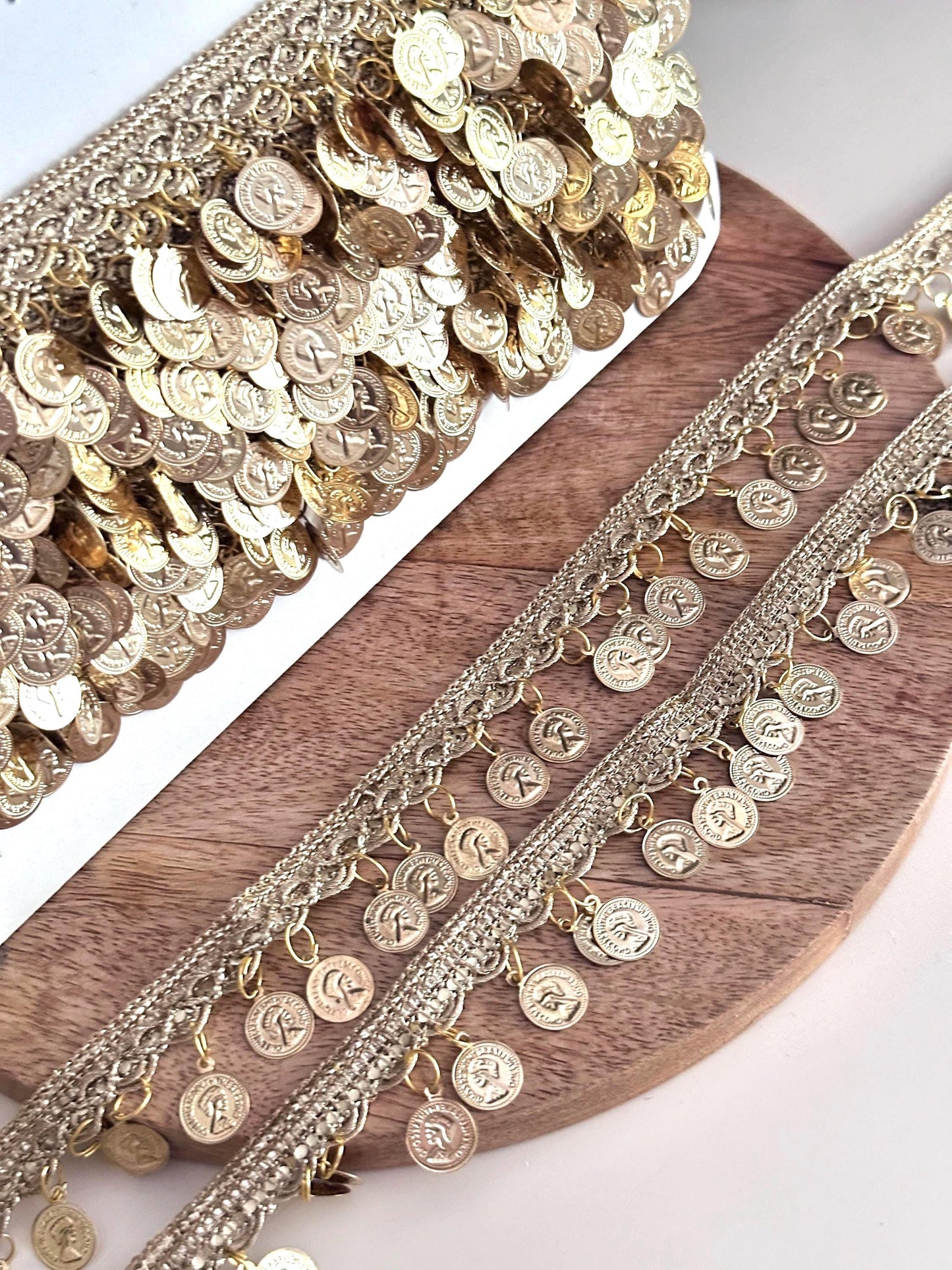 Gold Metal Coin Trim Lace for Belly Dance Boho Waist Belt Festival Skirt Potli Bag Choker Headband DIY Crafting Tribal Jewelry Costume Decor