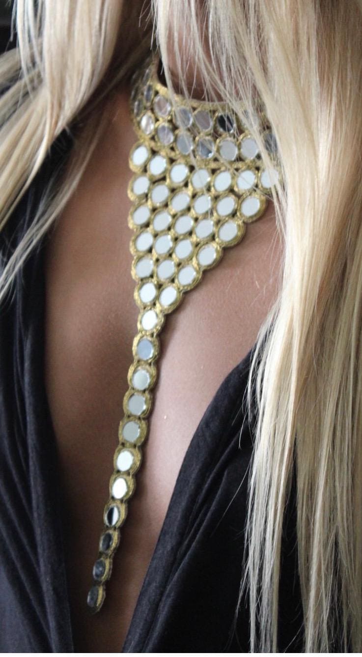 Hand Embroidered Mirror Work Neck Applique Boho Silver & Gold Body Jewelry Yoke Patch Mirror Crystal Embellishment for Dress Gown Costume