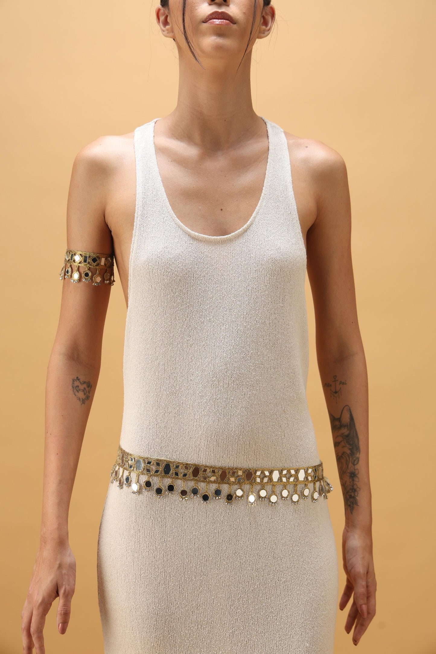 Boho Mirror Crystal Choker Belt Armlet Set for Saree Dress Jumpsuit - Bridal Gold Waist Jewelry Fun Party Accessory Unique Gift For Her
