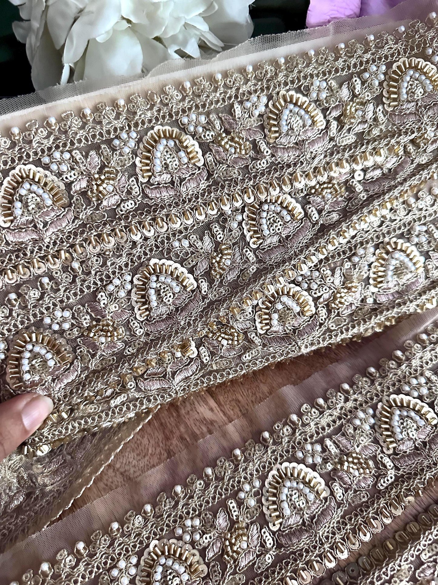 Luxury Hand Embroidered Pearl Sequin Trim Gold Zardozi Lace Border for Saree Dupatta Bridal Veil Lehenga & Wedding Dress Indian Craft Ribbon