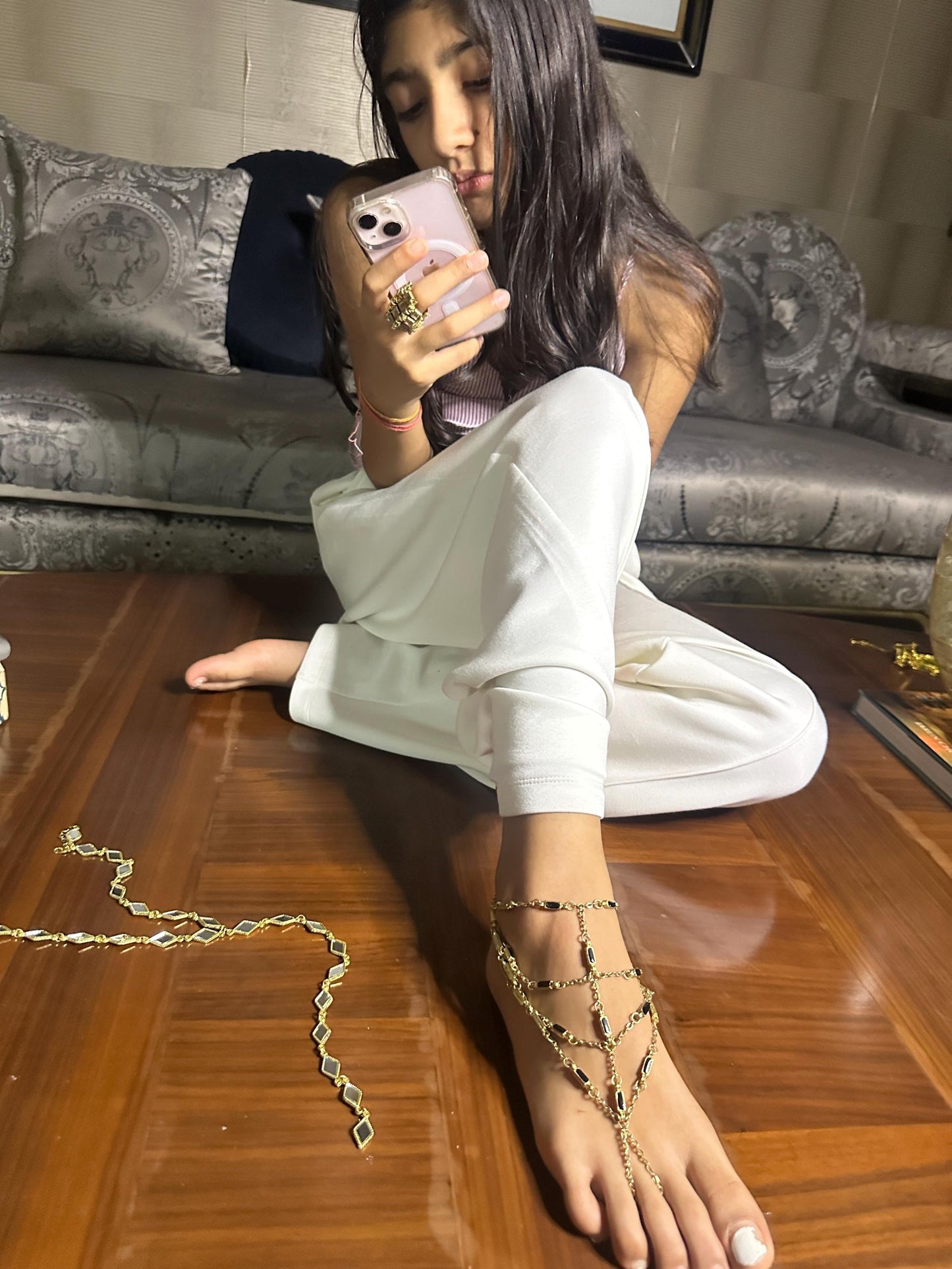 Gold Chain Foot Harness & Hand Harness Jewelry Boho Barefoot Sandal with Black Enamel Accent Festival Beach Wedding Belly Dance Accessories