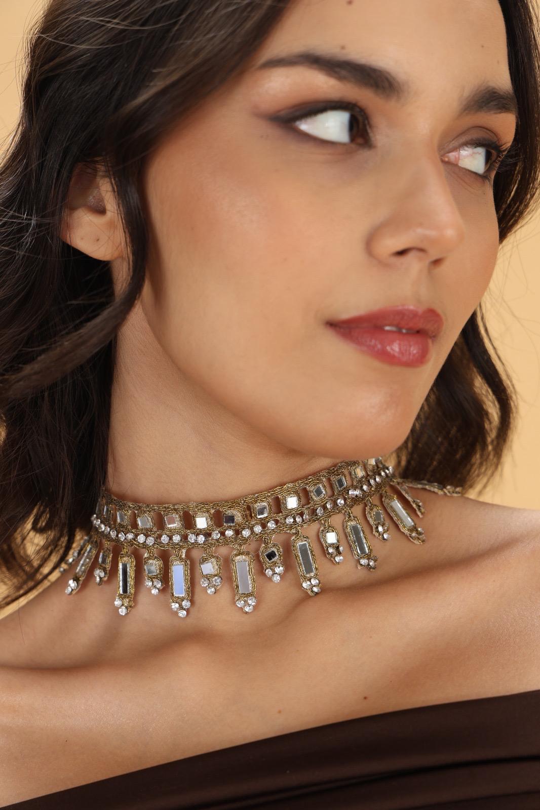 Handmade Mirror Choker with Silver Rhinestones Gold Statement Necklace with Crystal Drops Boho Festival & Evening Wear Jewelry