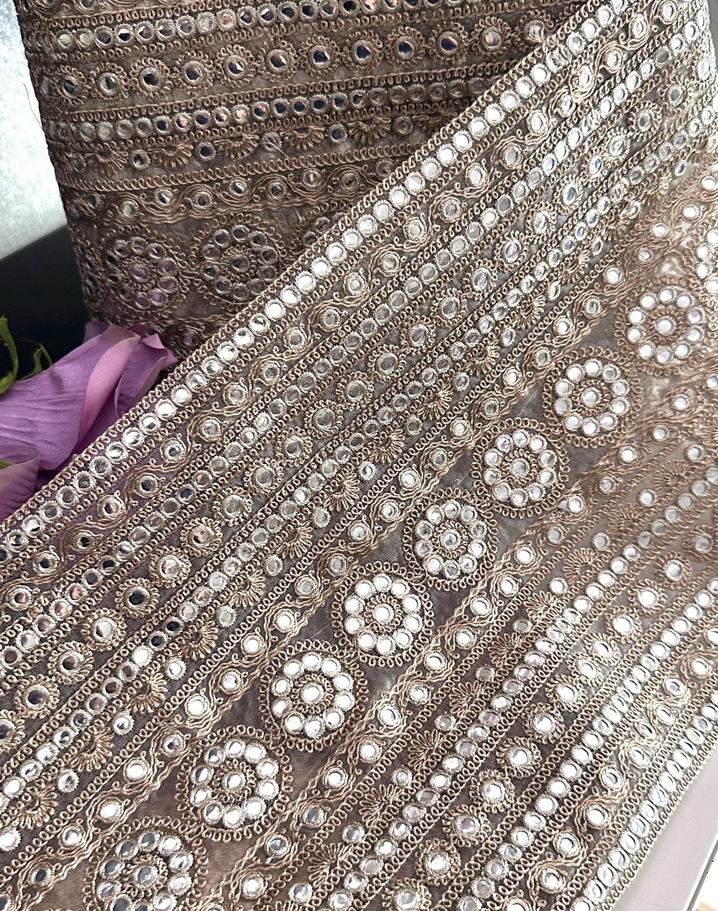 Gold Embroidered Fabric with Mirror Bead Work Indian Bridal Lace Trim for Saree Lehenga Dupatta Dress Zari Border Embellishment by Yard