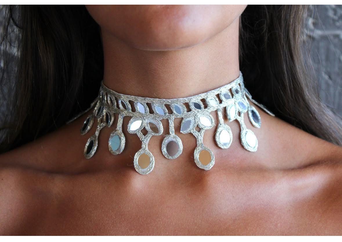 Boho Mirror Choker Necklace Belt Combo Handmade Statement Festival Jewelry Ethnic Fusion Collar for Wedding Dance Party Music Festival Looks