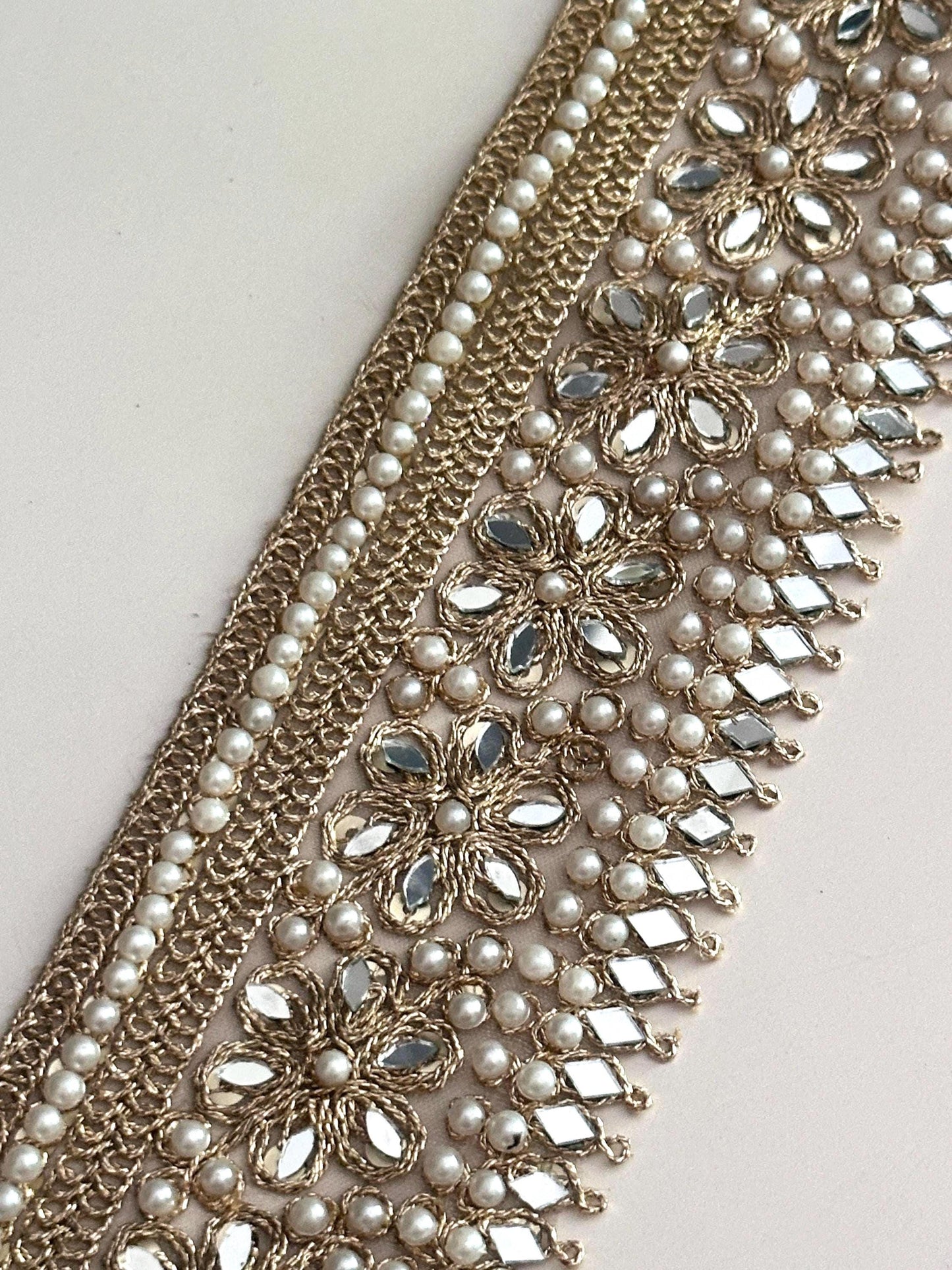 Gold Floral Pearl Trim with Mirror Work Beaded Embellished Lace Saree Border Decorative Ribbon for Saree Sewing Costumes Bridal & DIY Craft