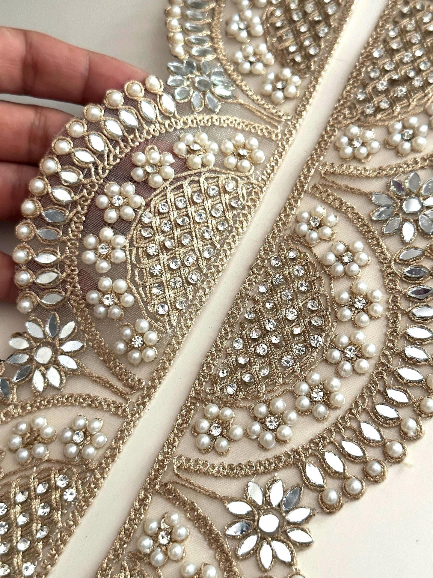 Scalloped Pearl Mirror Lace Trim Wide Gold Embroidered Border for Veils Saree DIY Bridal Decor Designer Indian Craft Ribbon Broad lace