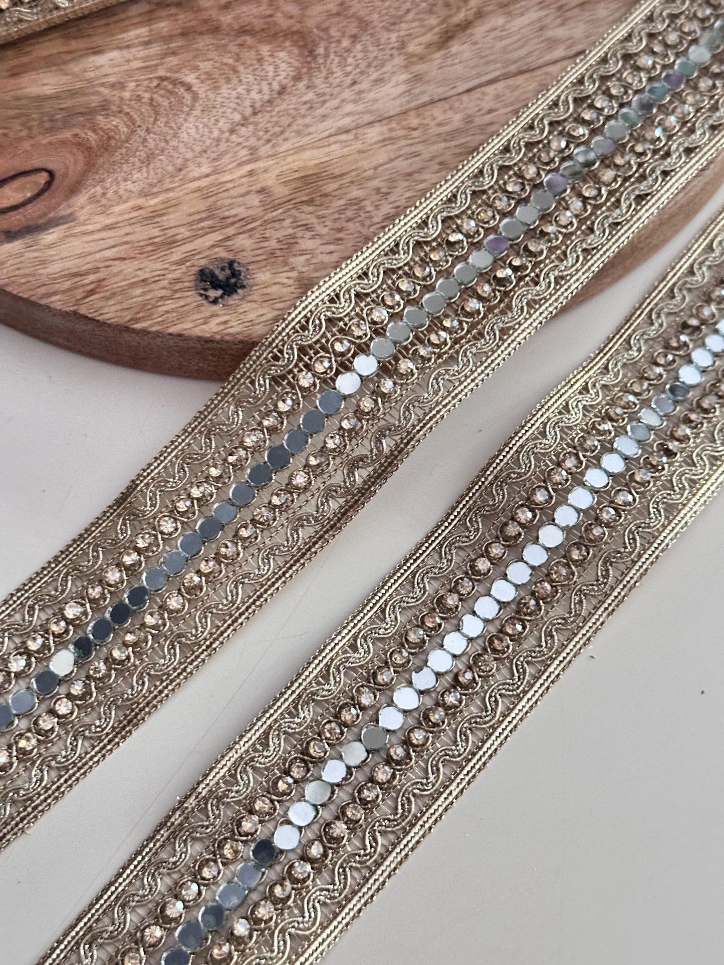 Gold Mirror Crystal Lace Trim Designer Embellished Border for Costume Couture Fashion Wedding Decor Boho DIY Craft Festival Wear Jewelry