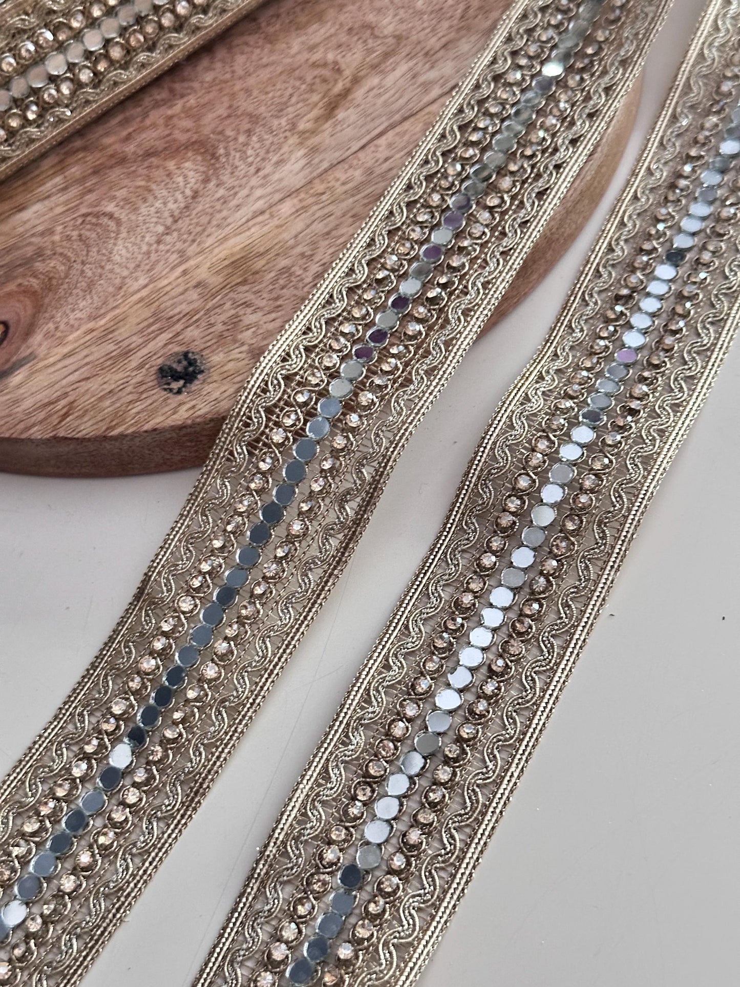 Gold Mirror Crystal Lace Trim Designer Embellished Border for Costume Couture Fashion Wedding Decor Boho DIY Craft Festival Wear Jewelry