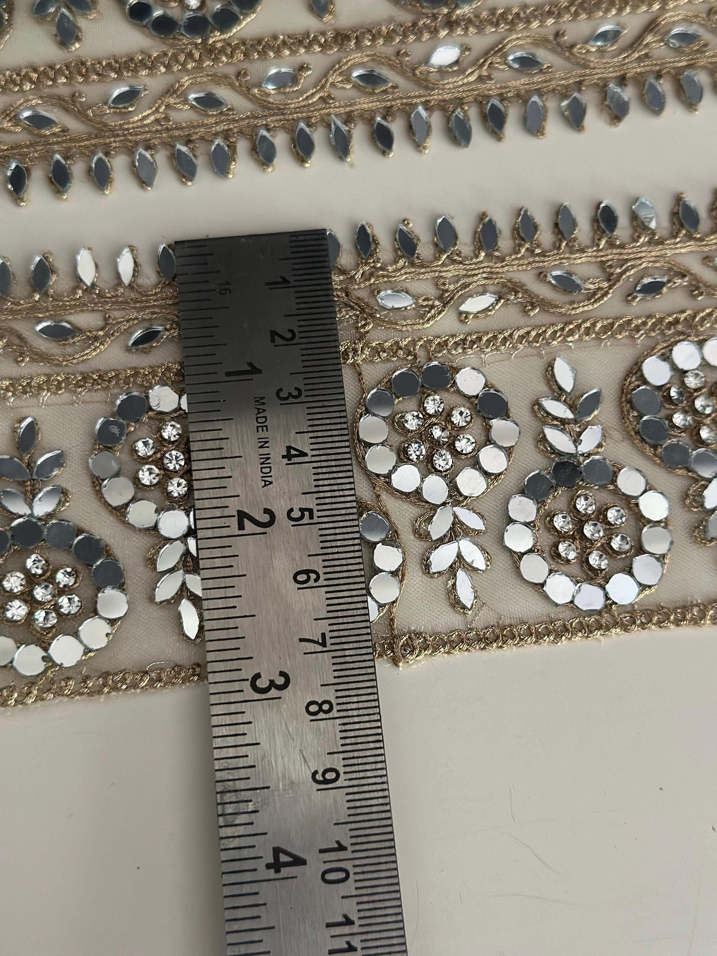 Mirror Work Embroidered Lace Trim Gold Zari Floral Border Ribbon for Saree Dress Costume Wedding Veil Decor Indian Craft Trim by the Yard