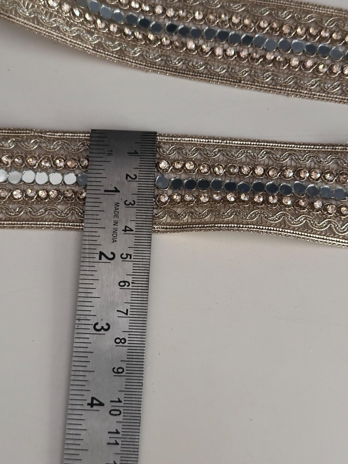 Gold Mirror Crystal Lace Trim Designer Embellished Border for Costume Couture Fashion Wedding Decor Boho DIY Craft Festival Wear Jewelry