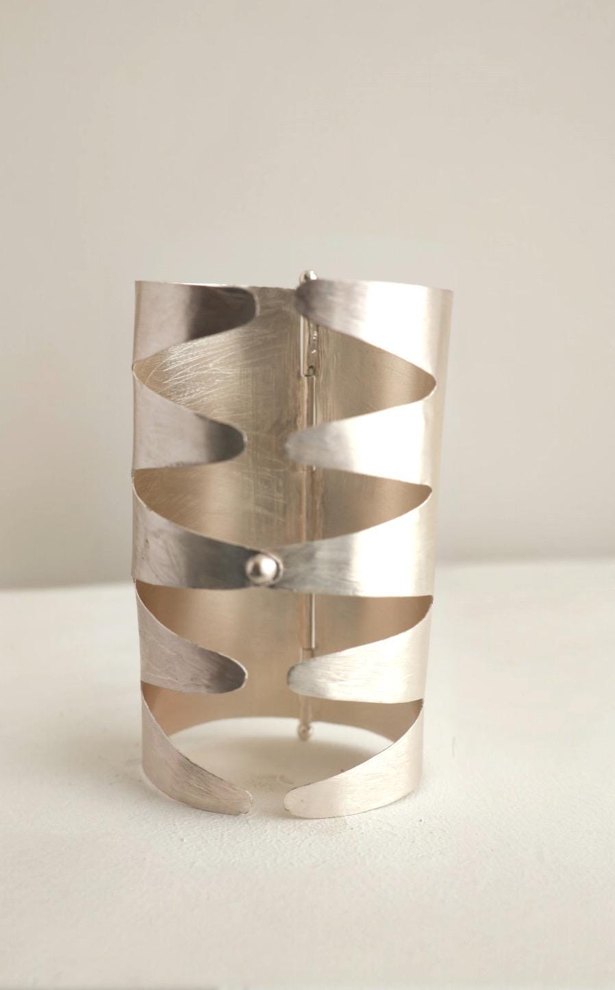 Statement Silver Cuff Bracelet Handmade Modern Arm Jewelry Bold Sculptural Wide Bangle for Women