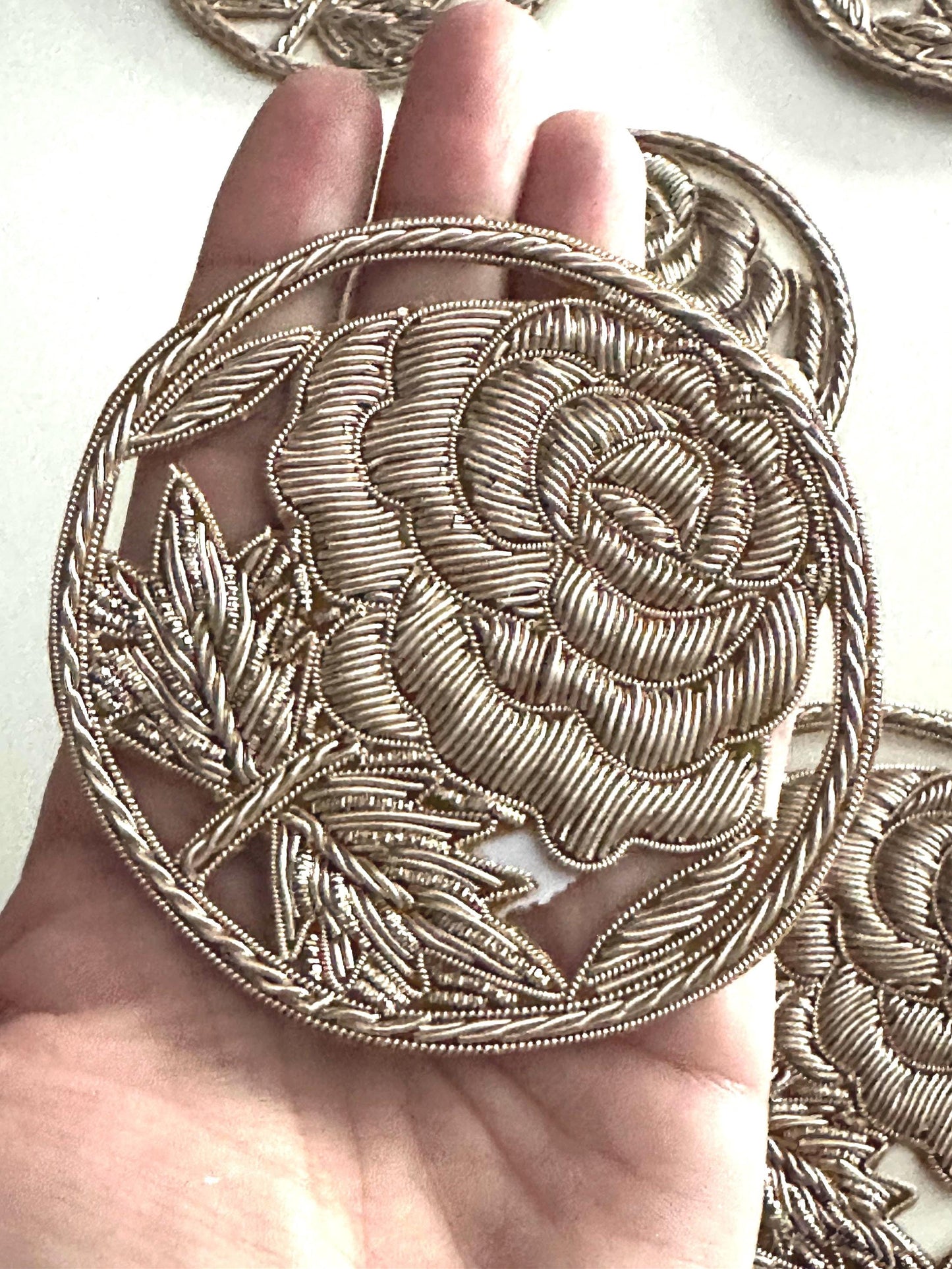 Handmade Floral Embroidery Patch Couture Gold Wire Flower Applique Indian Handicraft Rose Motif Embroidery for Jackets Dress Saree DIY Craft