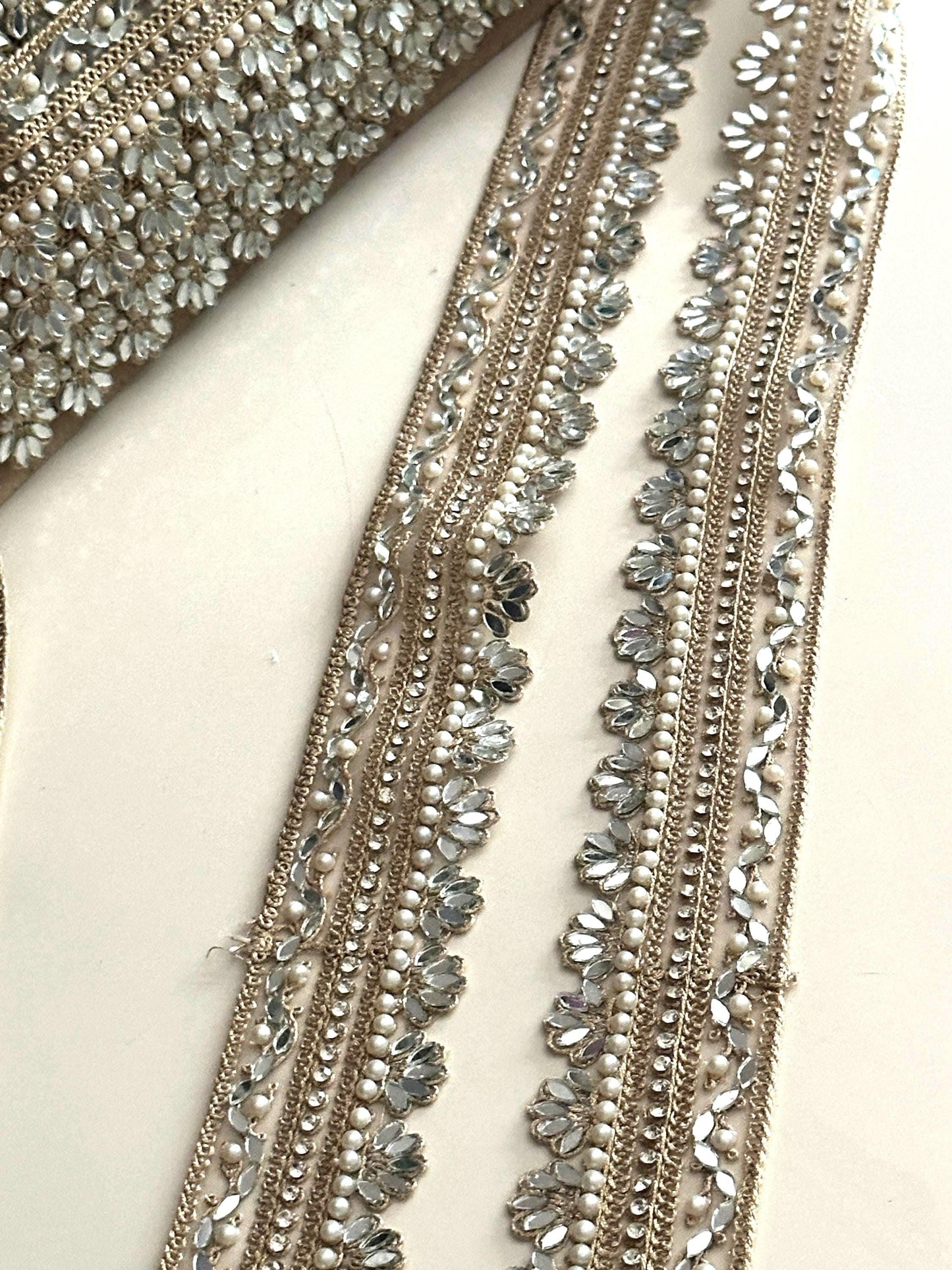 Floral Mirror Pearl Lace Trim Zircon Rhinestone Thin Embroidered Gold Border for Jewelry Costume Veils & Blouses 1 Inch Craft Ribbon India