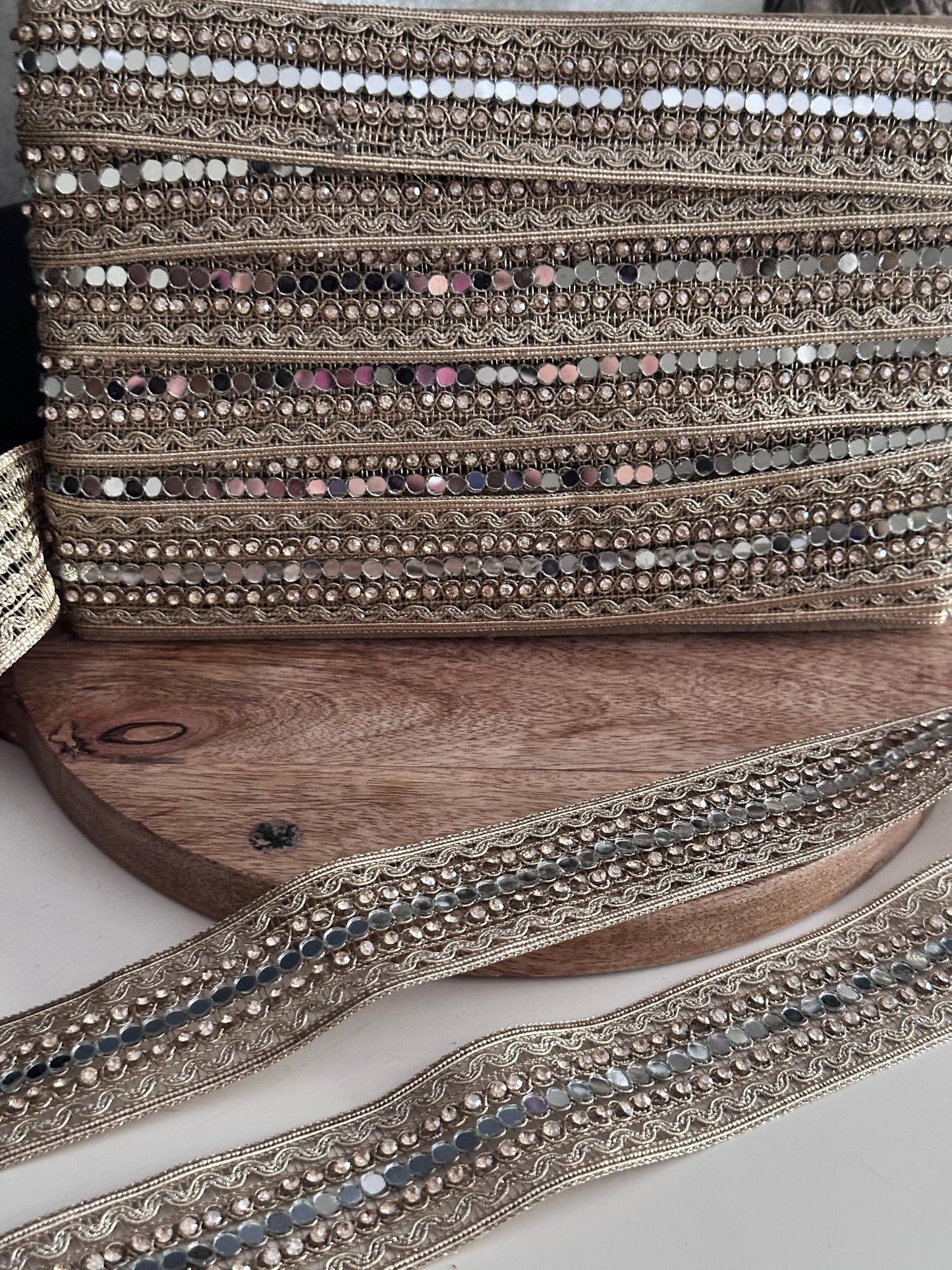 Gold Mirror Crystal Lace Trim Designer Embellished Border for Costume Couture Fashion Wedding Decor Boho DIY Craft Festival Wear Jewelry