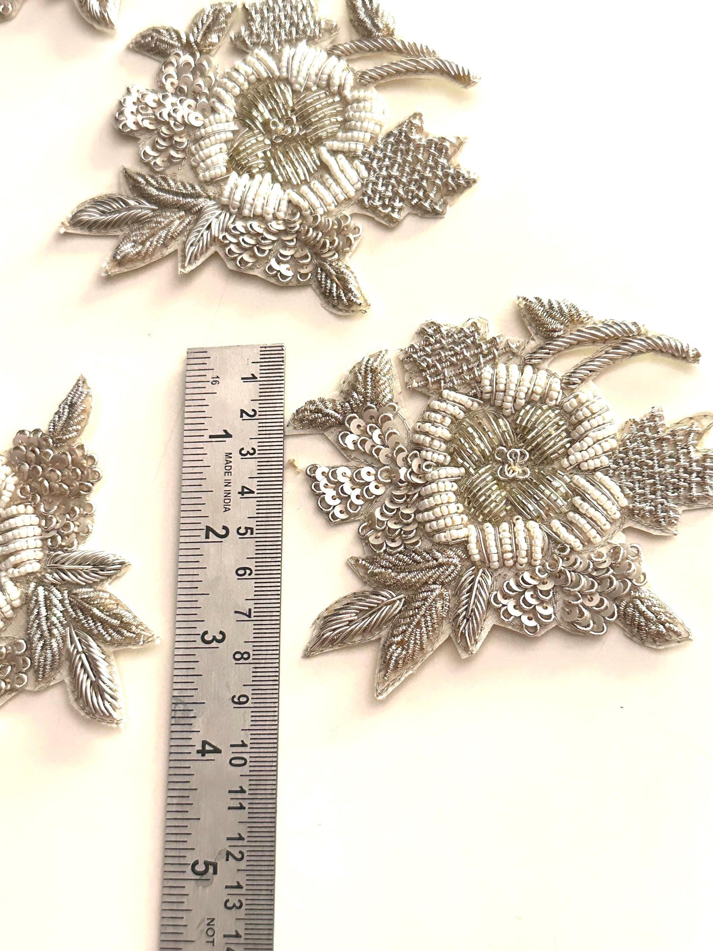 Hand Embroidered Silver Floral Applique Patch Pearl Bead Bridal Saree Dress Jacket Craft Embellishment Zardozi Embroidery Sequin Motif