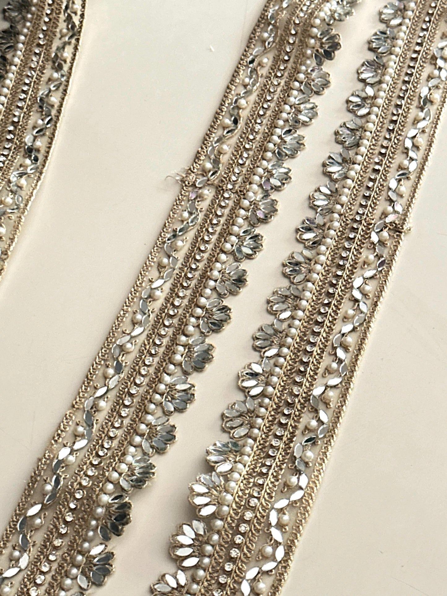 Floral Mirror Pearl Lace Trim Zircon Rhinestone Thin Embroidered Gold Border for Jewelry Costume Veils & Blouses 1 Inch Craft Ribbon India