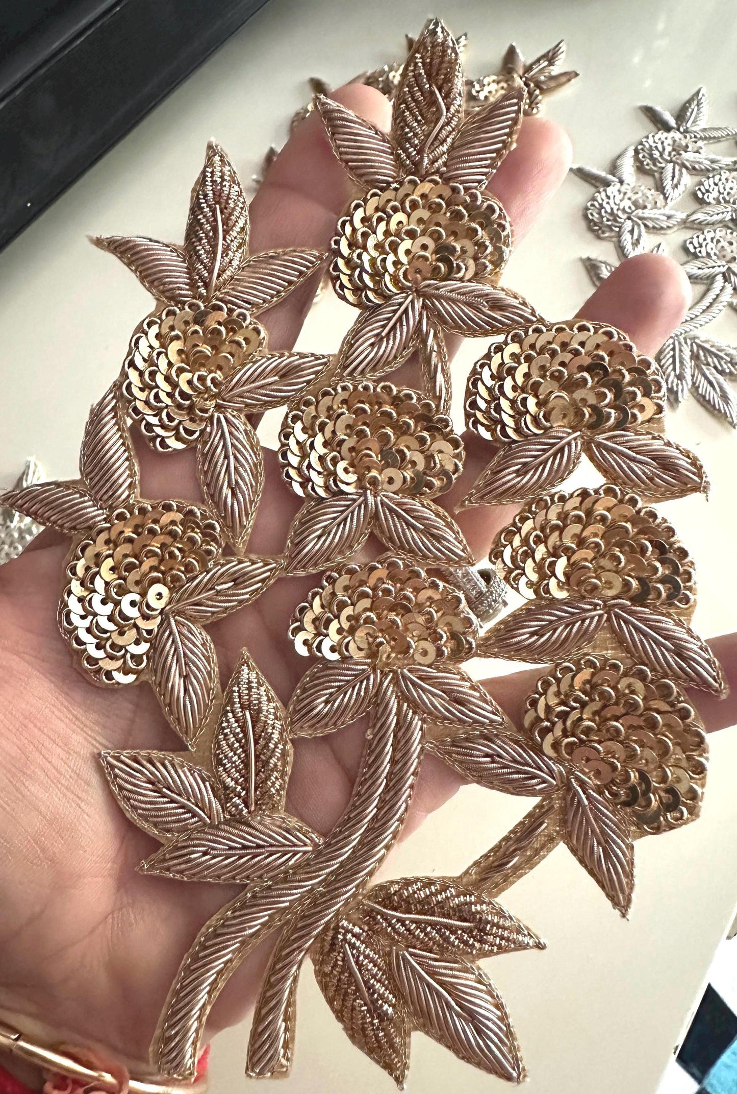 Zardozi Floral Embroidery Appliqué Handmade Sequin Patch For Bridal Dress Saree Designer Couture Gown Designer Jacket Indian Artisan Motif