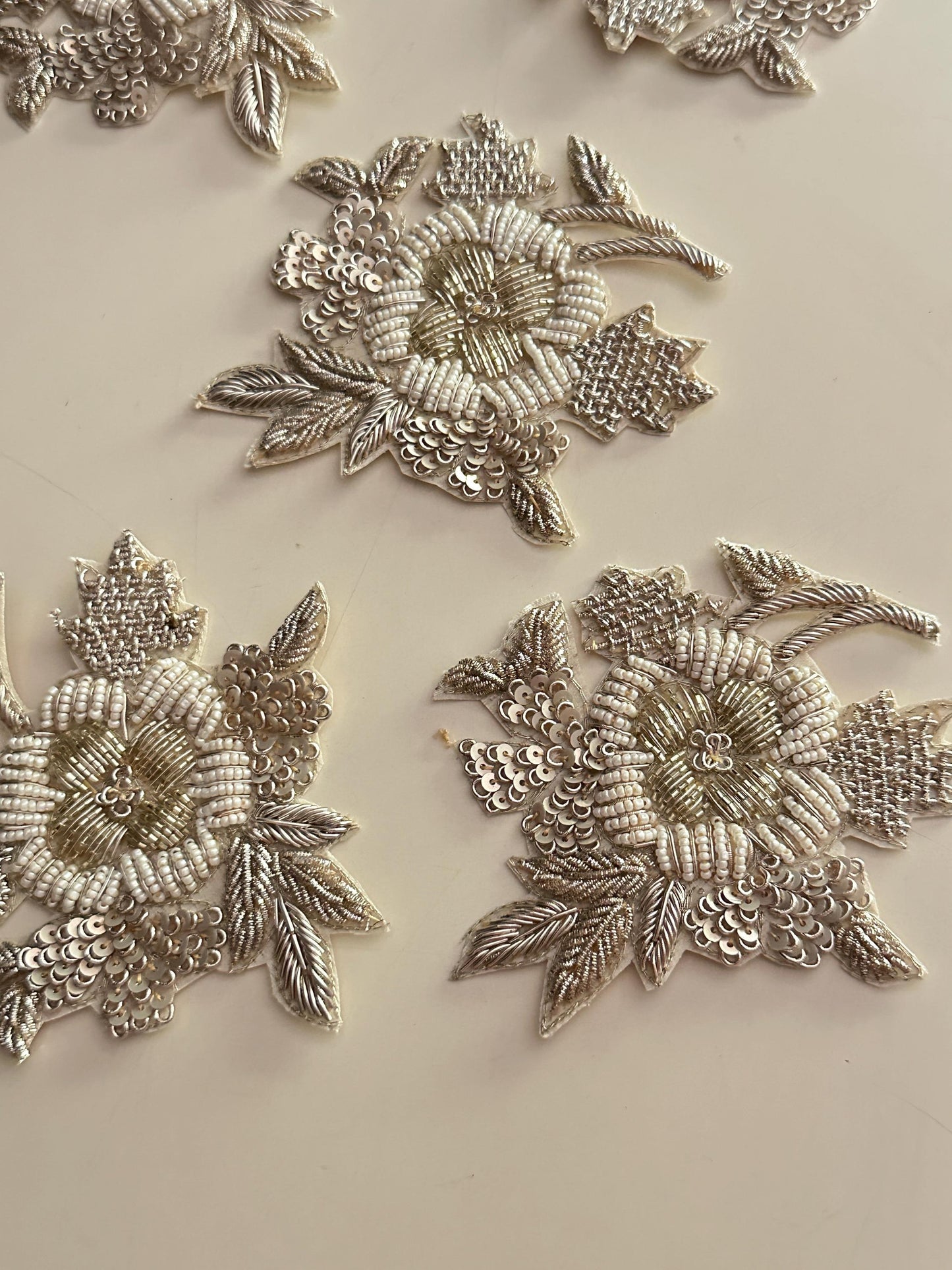 Hand Embroidered Silver Floral Applique Patch Pearl Bead Bridal Saree Dress Jacket Craft Embellishment Zardozi Embroidery Sequin Motif