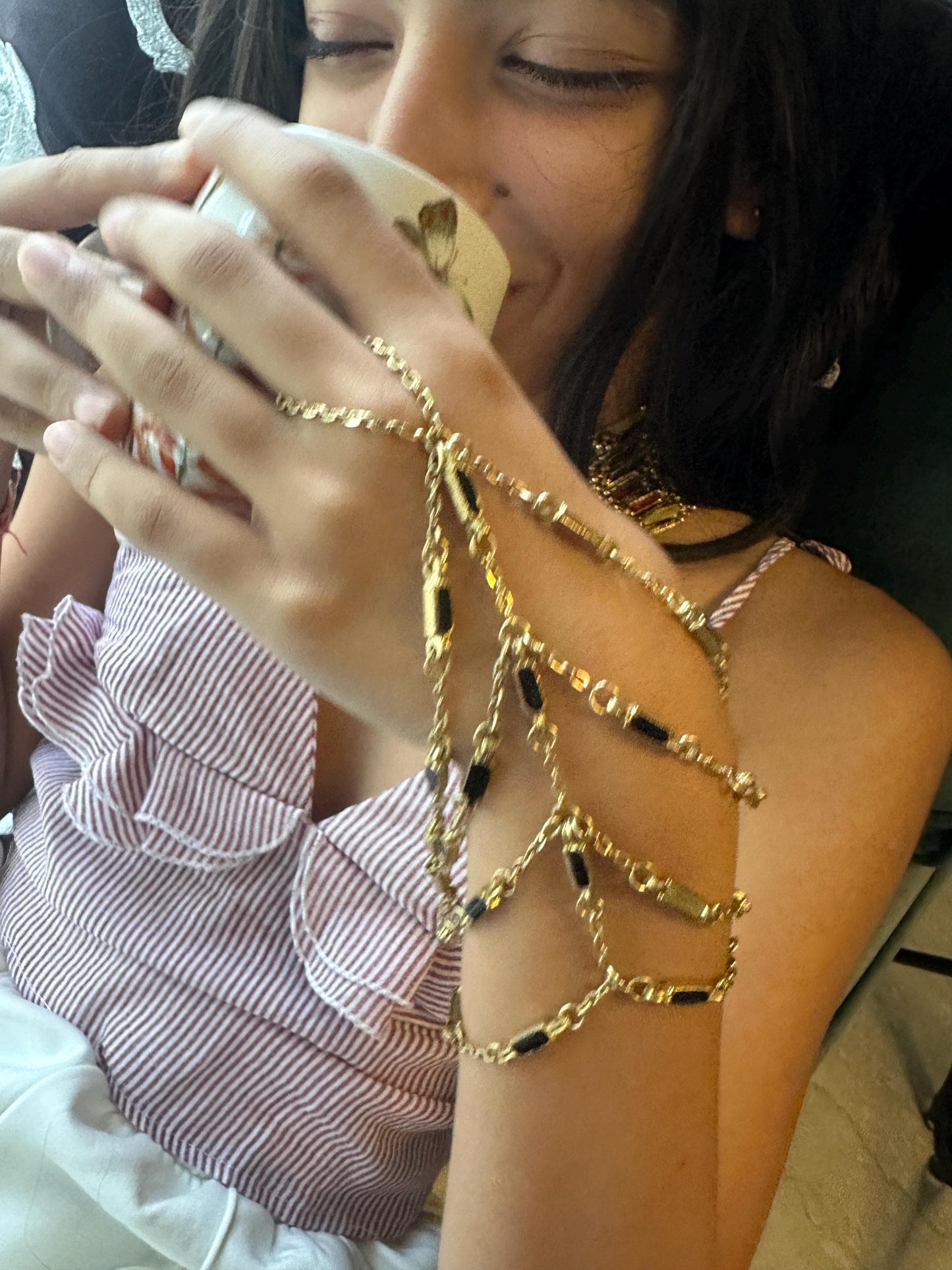 Gold Chain Foot Harness & Hand Harness Jewelry Boho Barefoot Sandal with Black Enamel Accent Festival Beach Wedding Belly Dance Accessories