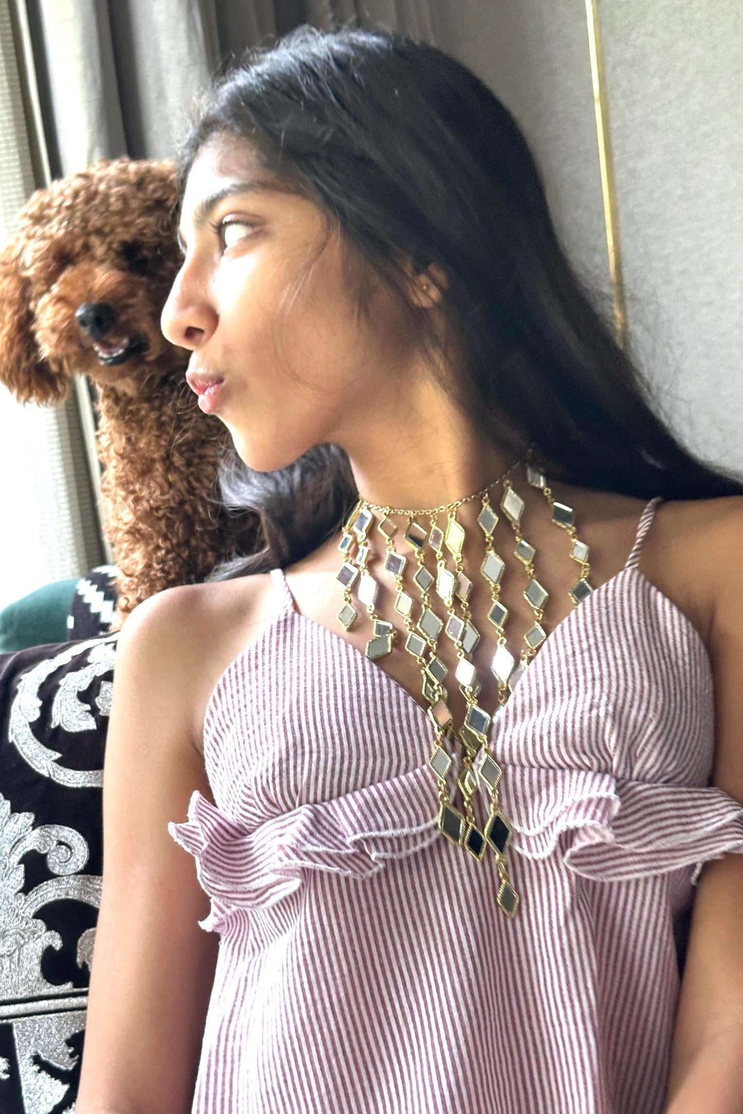 Gold Mirror Cascade Statement Necklace Long Layered Diamond Mirror Choker Boho Festival Jewelry Handmade Indian Bridal Wedding jewellery