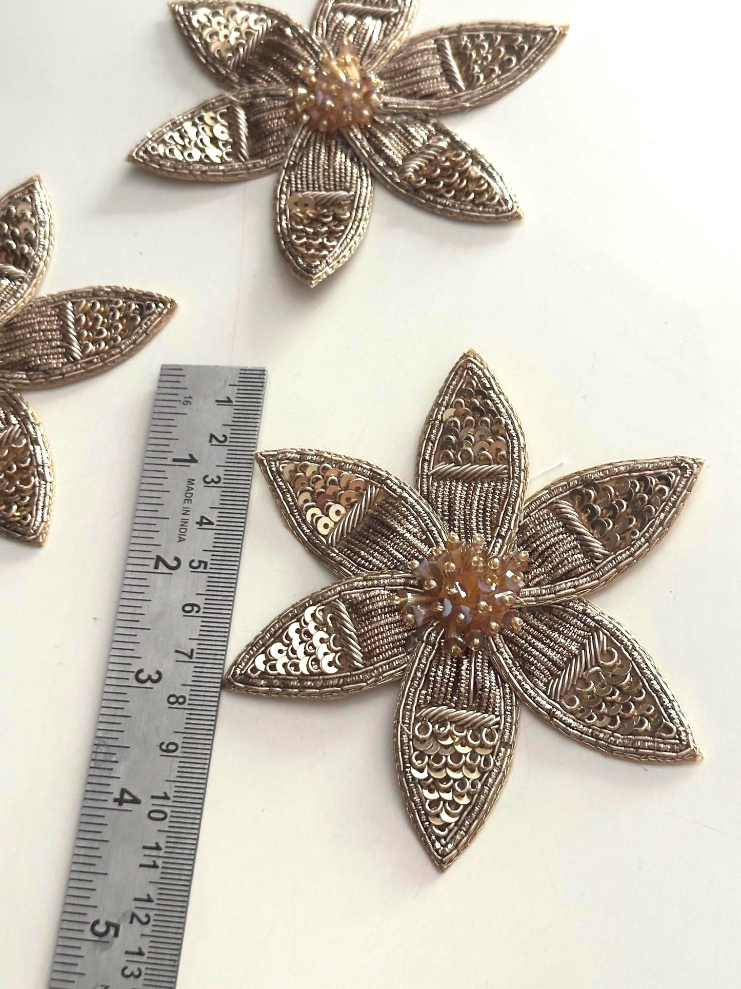 Handmade Gold Floral Embroidery Applique Beaded & Sequin Flower Patch for Clothing Upholstery Curtain Cushion Craft Decor Dress Saree Jacket