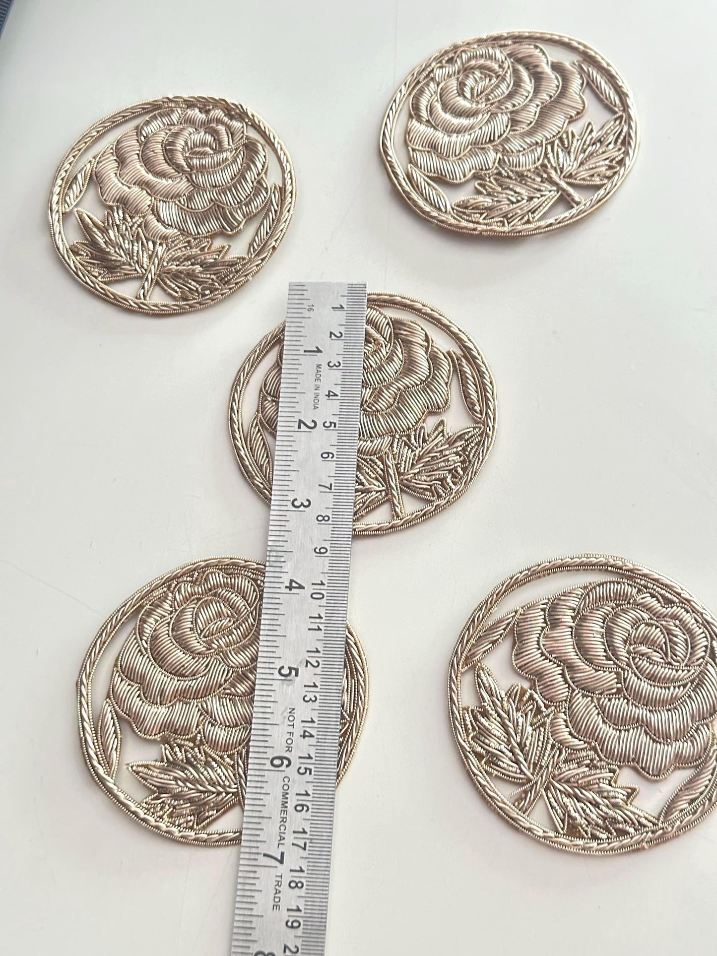 Handmade Floral Embroidery Patch Couture Gold Wire Flower Applique Indian Handicraft Rose Motif Embroidery for Jackets Dress Saree DIY Craft