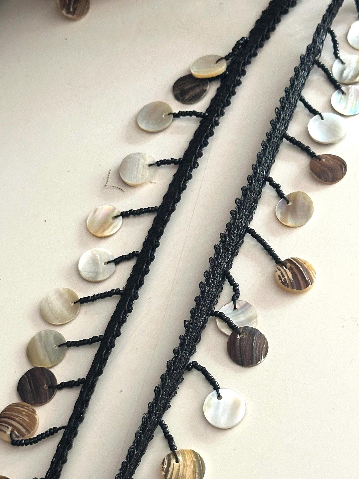 Handmade Macrame Lace with Shell Sequins Boho Resortwear Jewelry Trim for Kaftans Dresses, Beach Cover-Ups & DIY Fashion
