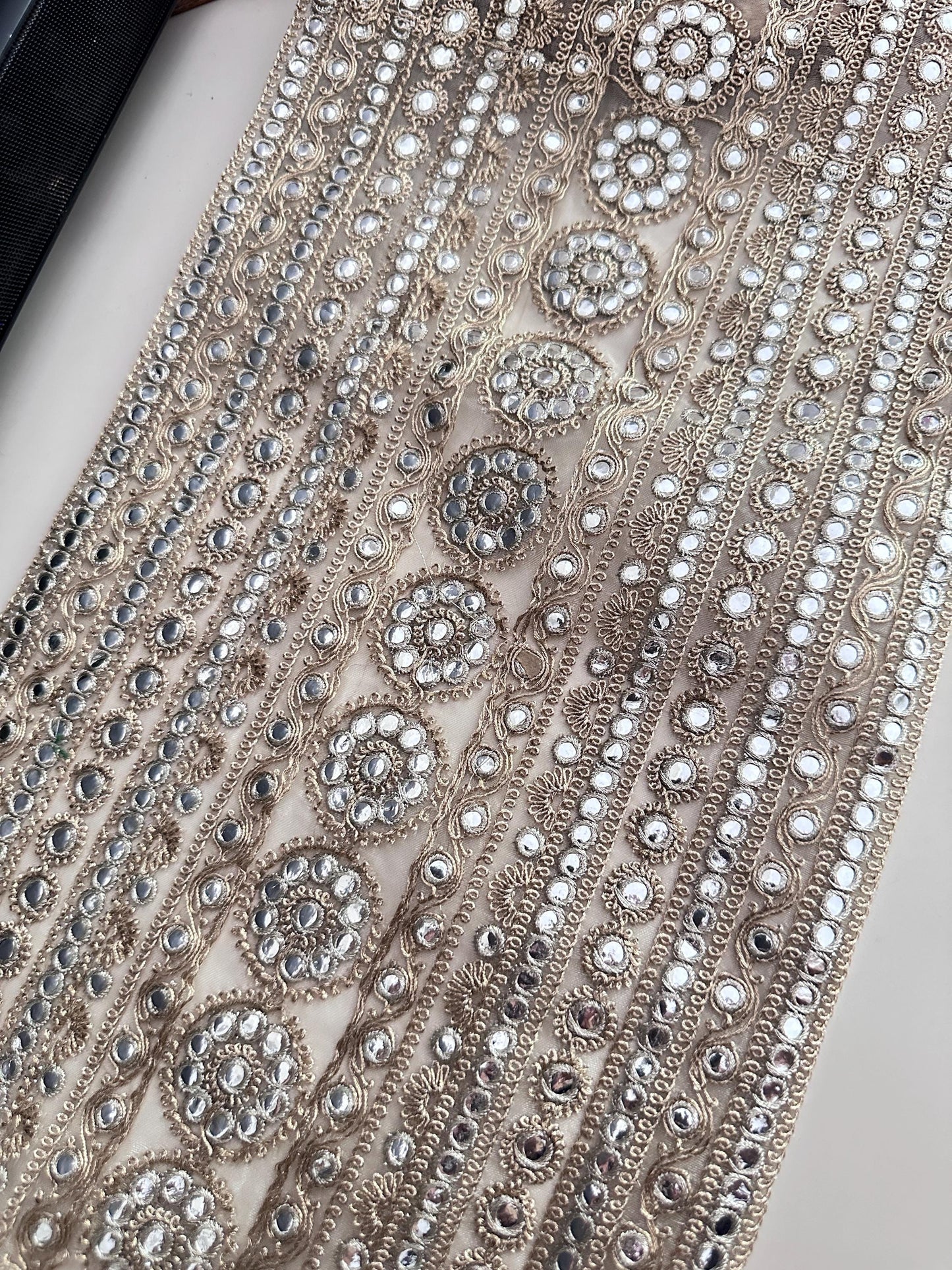 Gold Embroidered Fabric with Mirror Bead Work Indian Bridal Lace Trim for Saree Lehenga Dupatta Dress Zari Border Embellishment by Yard