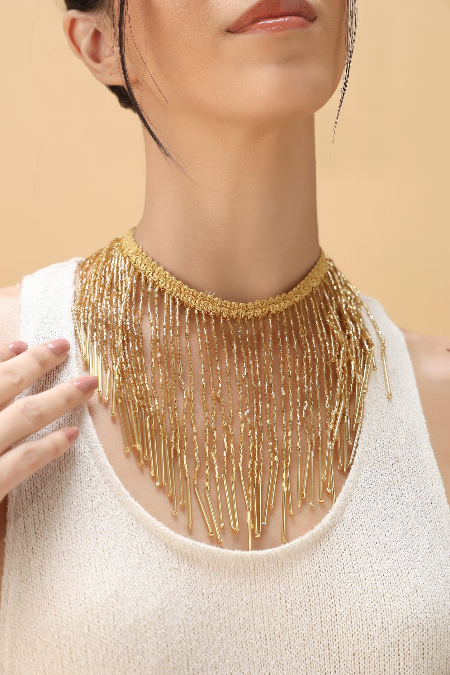 Gold Fringe Lace Choker – Adjustable Ethnic Necklace – Statement Festival Jewelry – Festive Tassel Style Neckpiece for Women