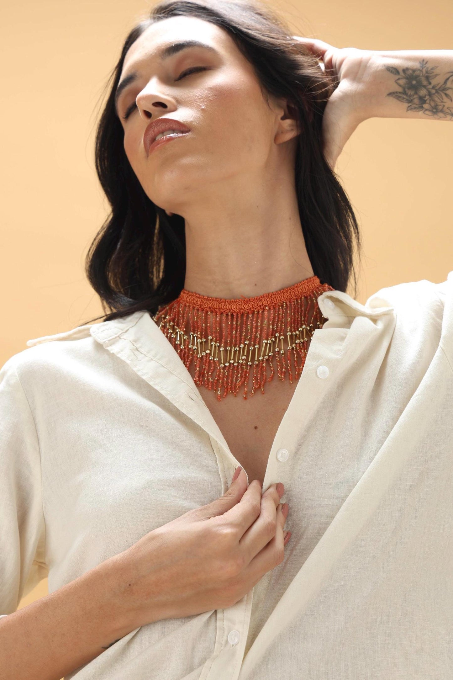 Orange Crystal Tassel Choker – Handmade Boho Statement Necklace – Jhalar Lace Jewelry for Festival & Evening Wear