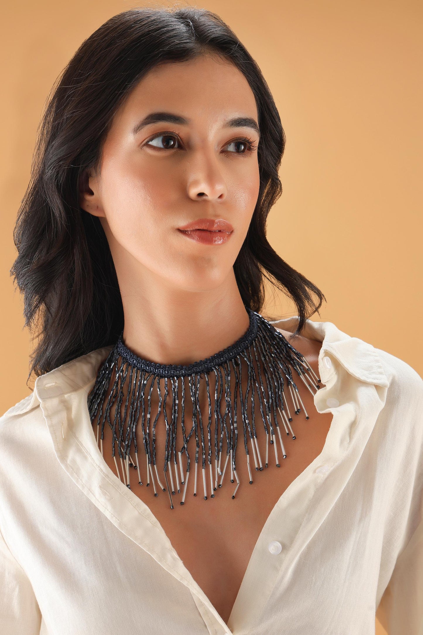 Beaded Tassel Choker Necklace Midnight Blue Crystal Statement Jewelry – Handmade Boho Festival & Evening Wear Accessory