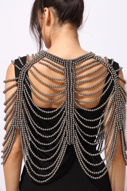 Gunmetal Beaded Shoulder Cape Fringe Capelet