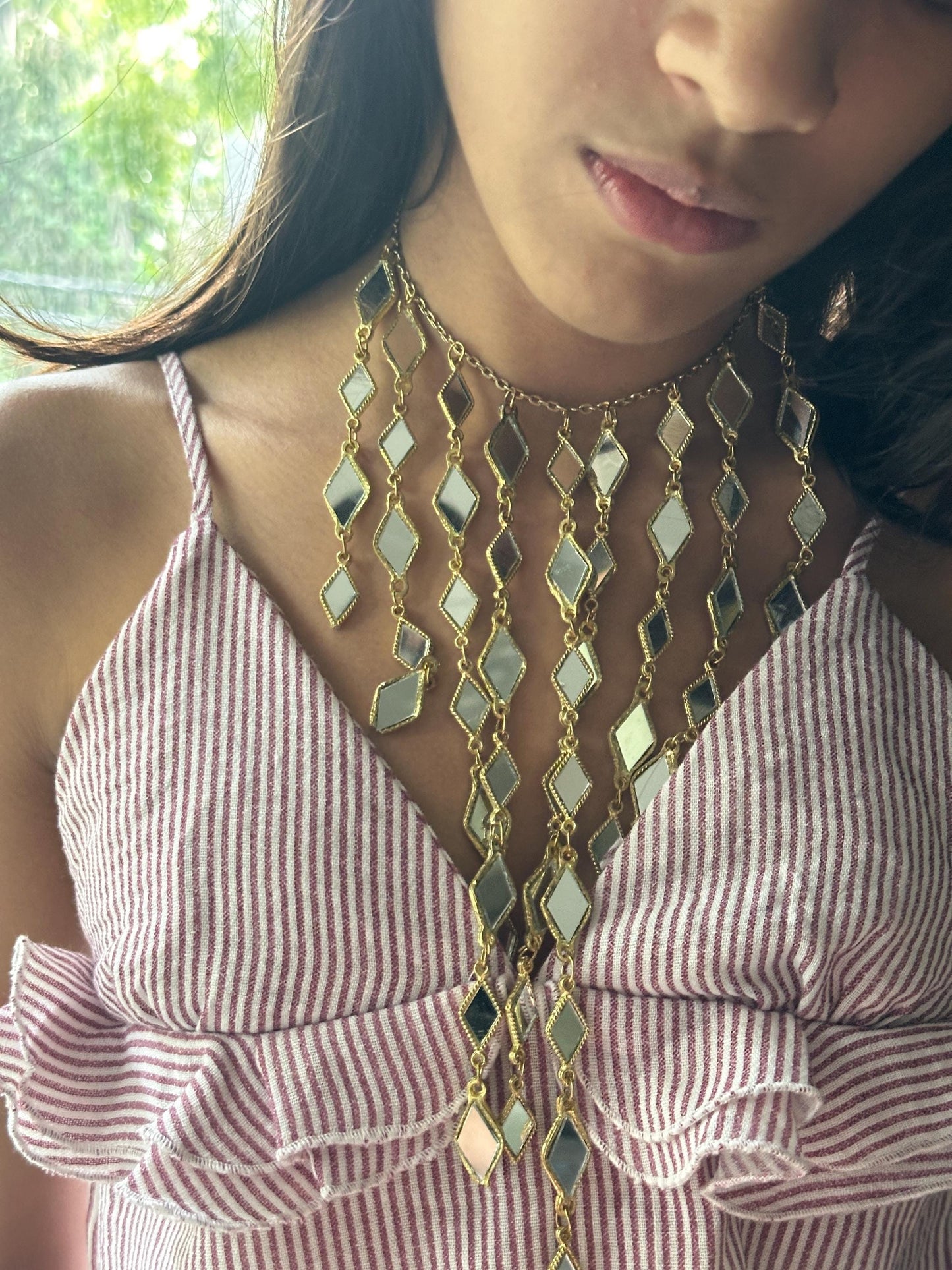 Gold Mirror Cascade Statement Necklace Long Layered Diamond Mirror Choker Boho Festival Jewelry Handmade Indian Bridal Wedding jewellery